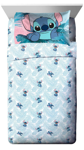 Jay Franco Lilo & Stitch flat sheet highlights vibrant print for easy care bedding.