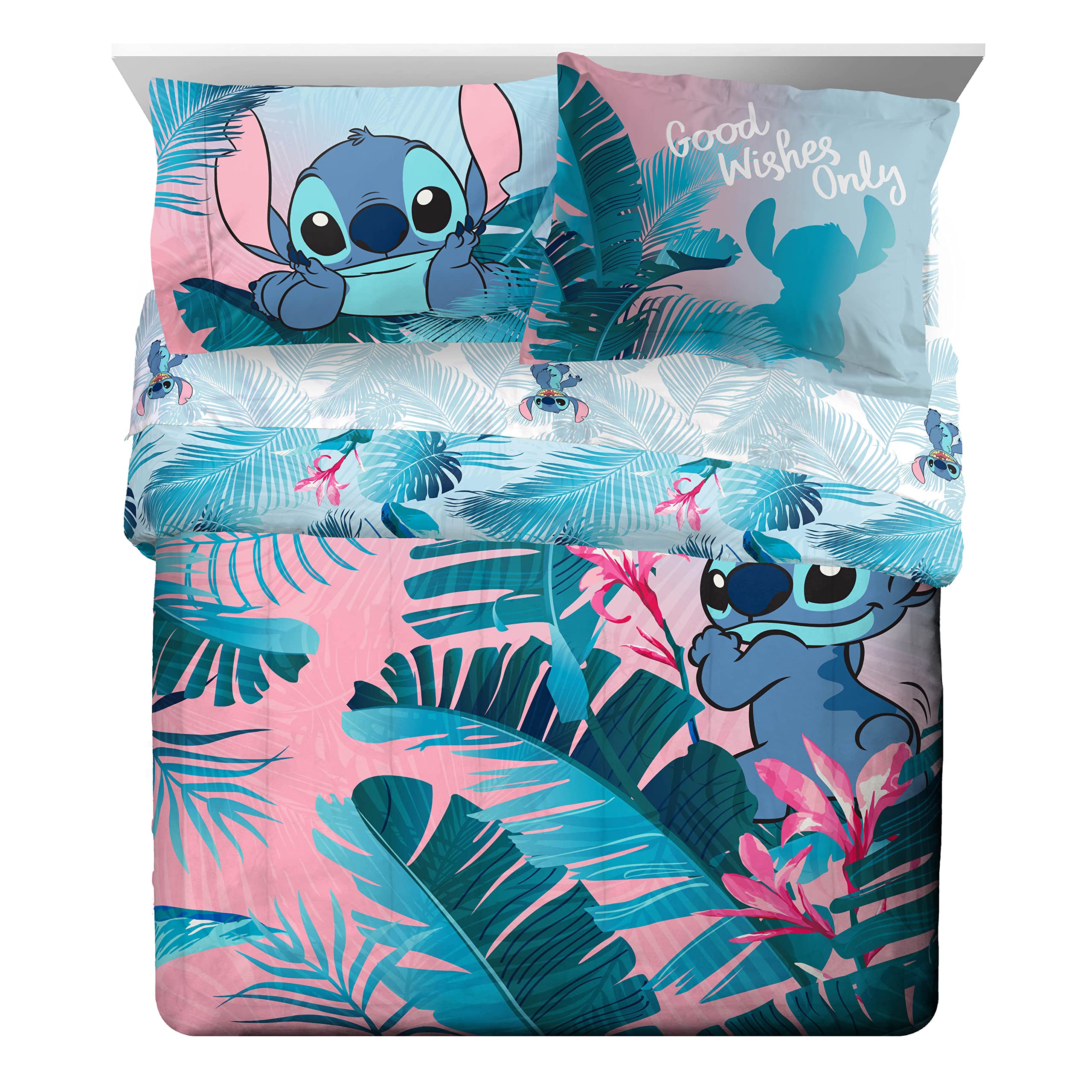 Jay Franco Lilo and Stitch sheet set with vibrant floral pattern and easy care.