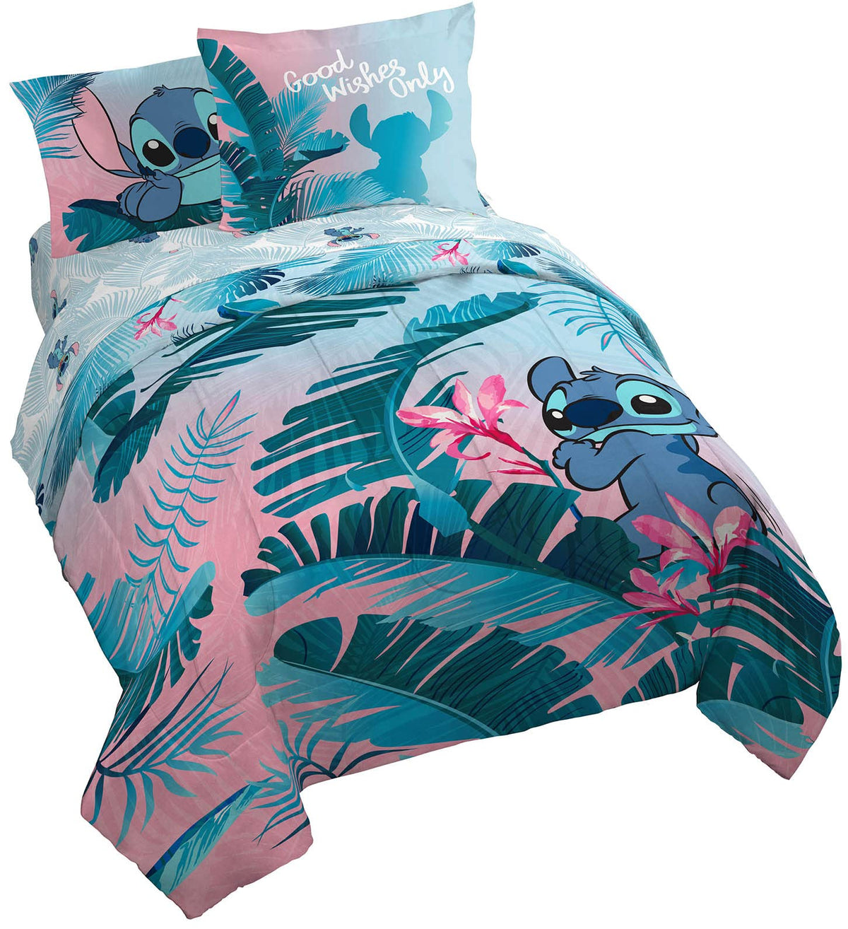 Jay Franco Disney Lilo and Stitch floral queen bedding with reversible comforter for cheerful rooms.
