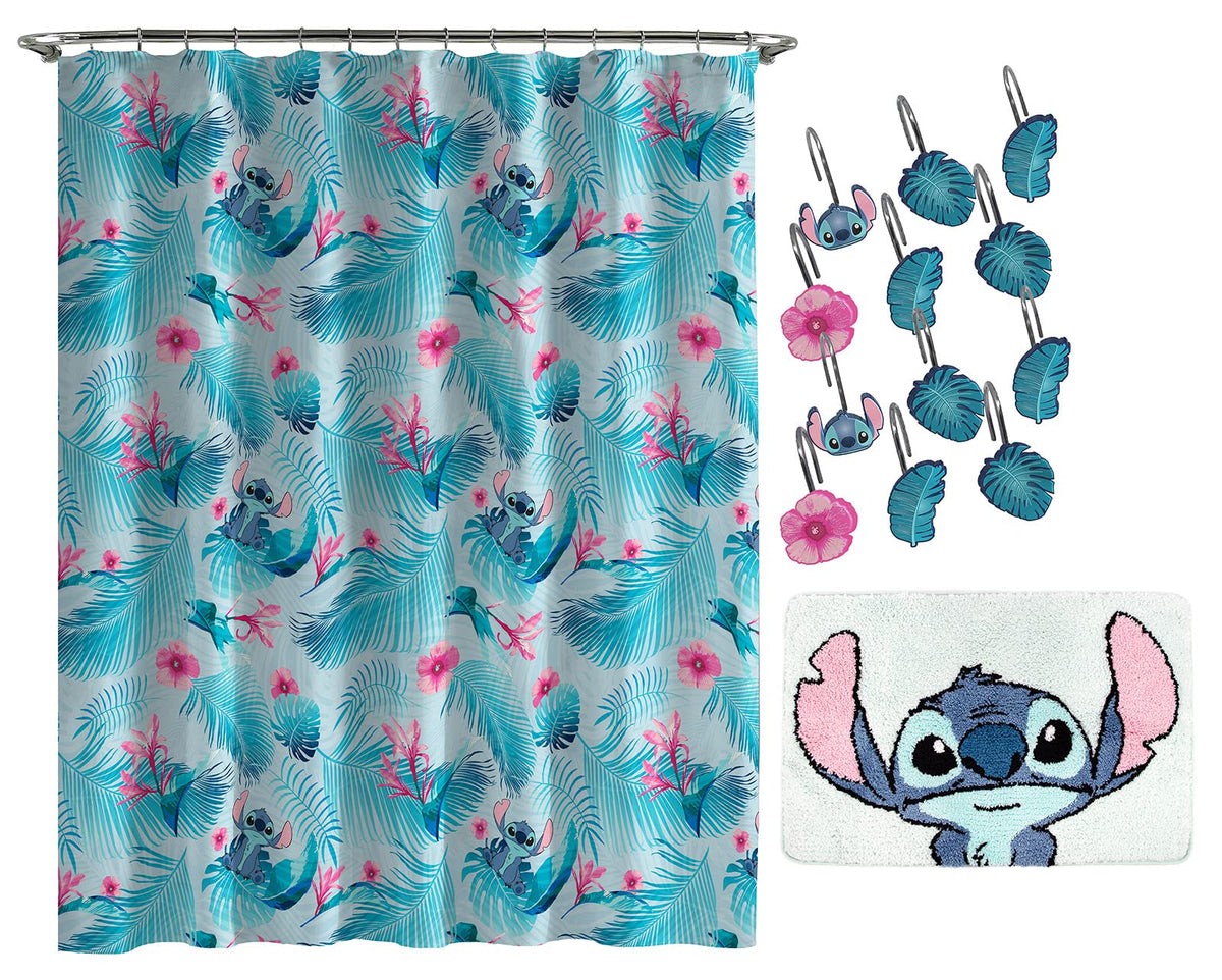 Jay Franco Disney Lilo and Stitch floral shower curtain brightens baths and fits standard rods