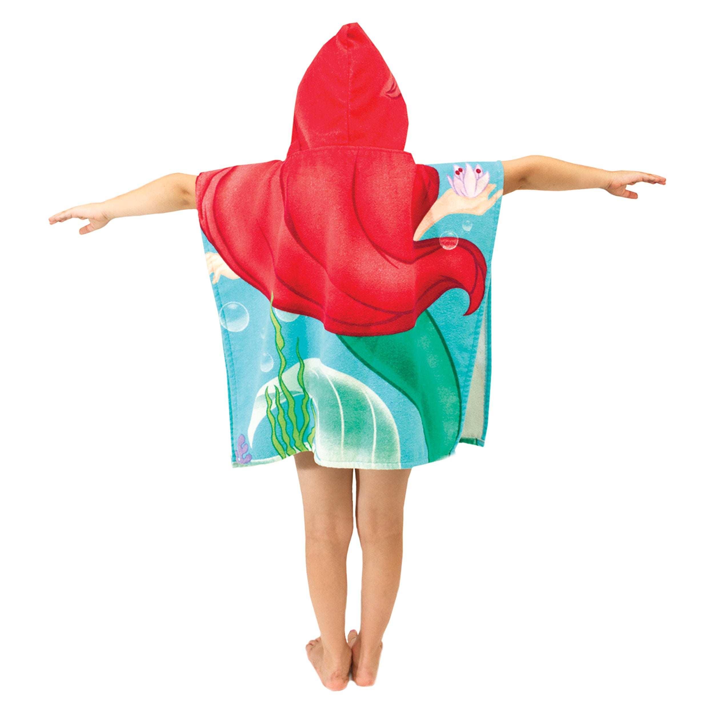 Jay Franco Disney Little Mermaid hooded towel after swim, absorbent cotton terry.