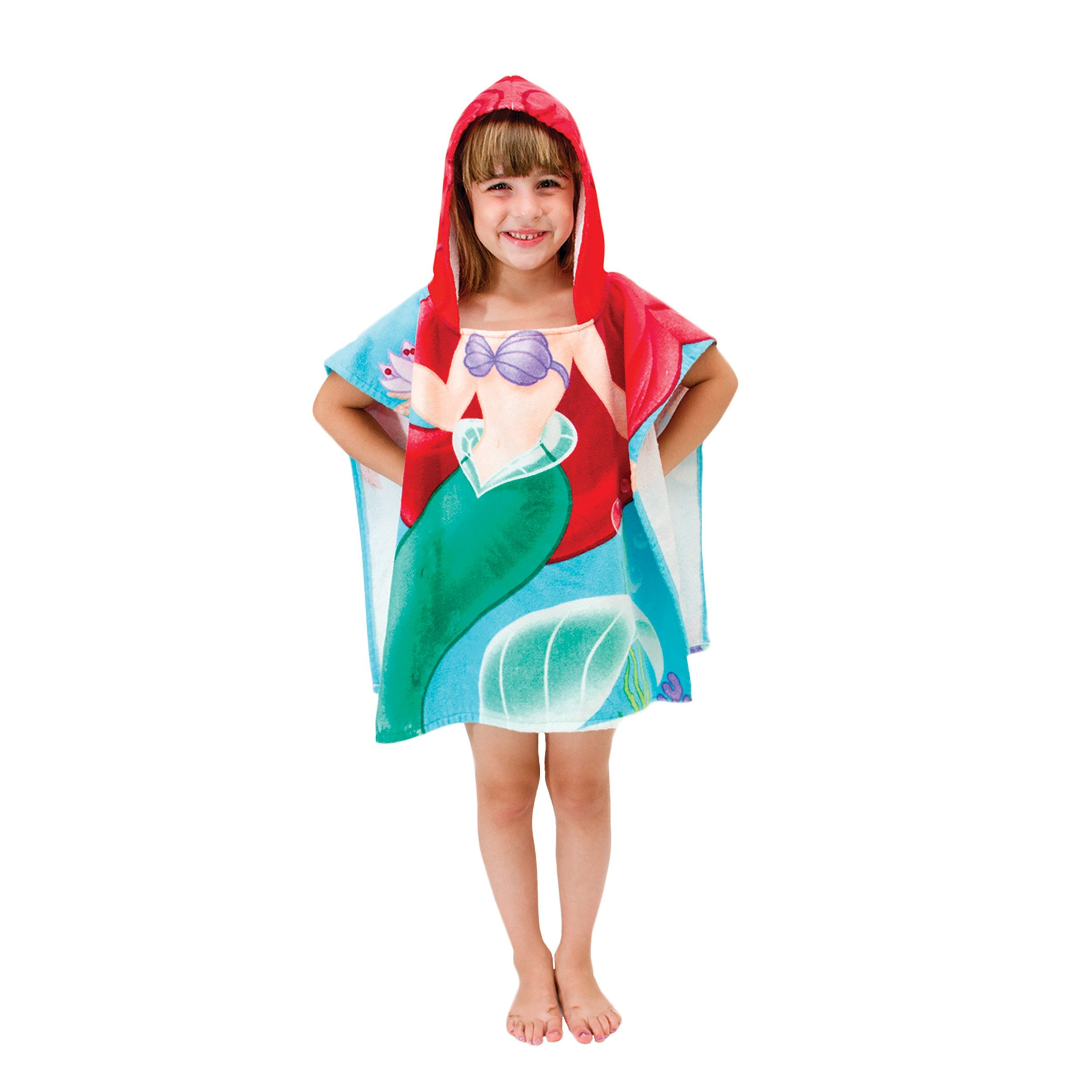 Jay Franco Ariel hooded towel worn by a child, easy pull-over design.