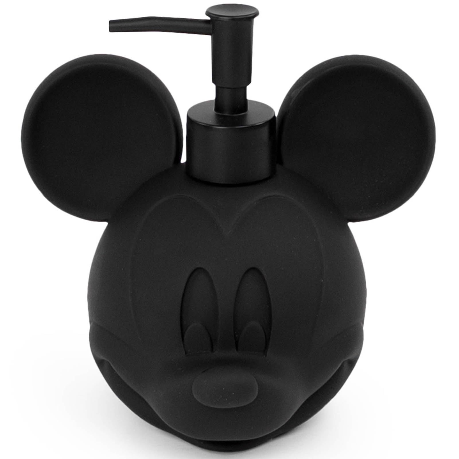 Jay Franco Mickey Mouse soap dispenser with black resin pump adds subtle Disney flair to the bathroom.