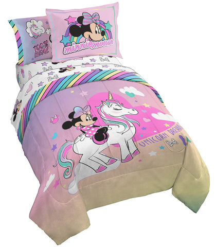 Jay Franco Minnie Mouse Unicorn Dreams full bed set on a cozy, kid-friendly bed