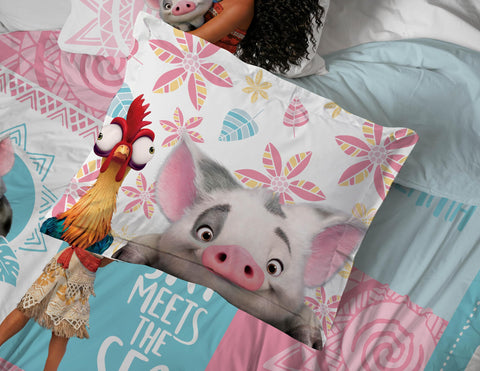 Bright Moana themed twin bed setup in a kid friendly room