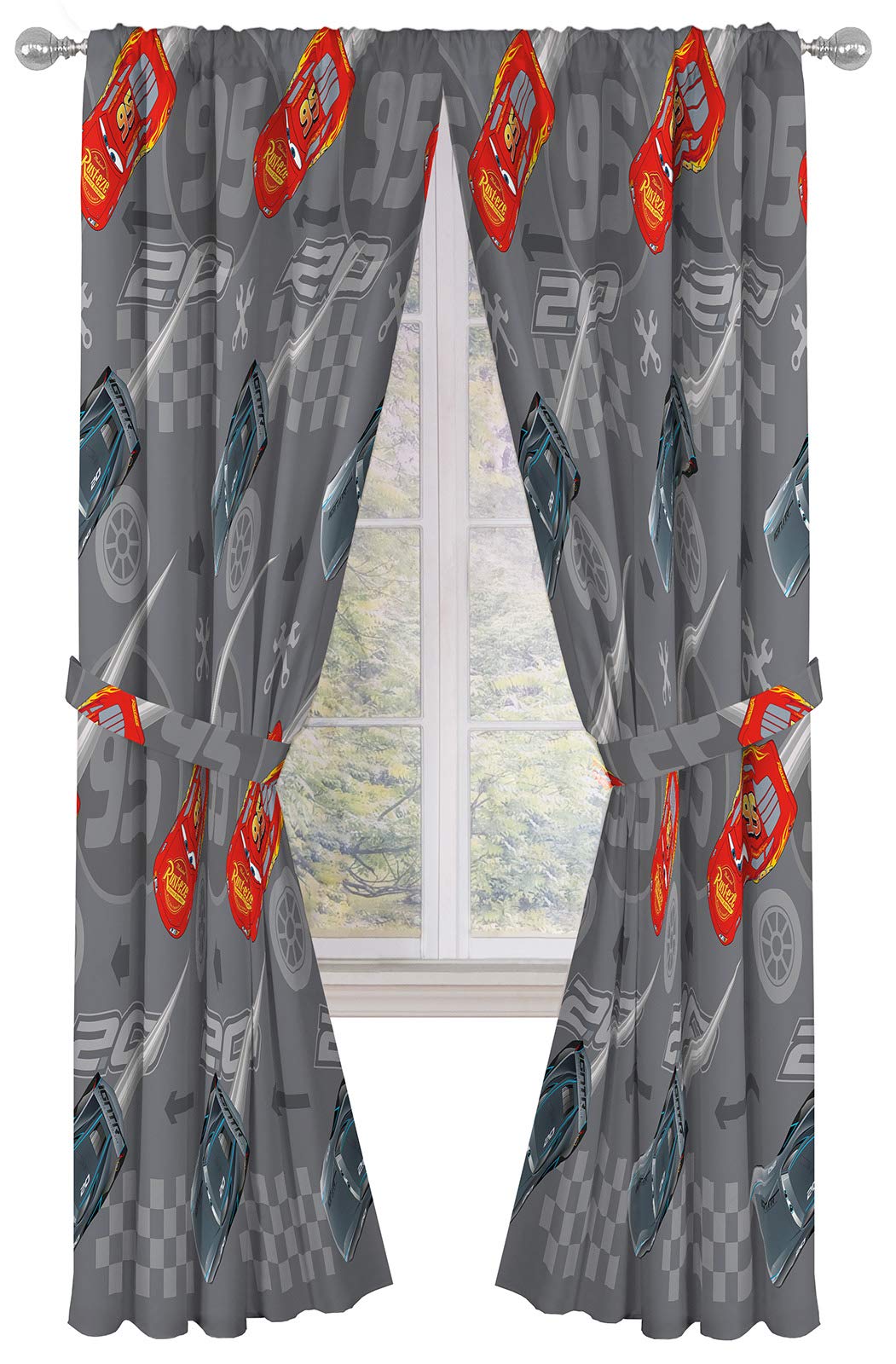 Jay Franco Lightning McQueen drapes panel showing vibrant Cars graphics for kid-friendly decor.