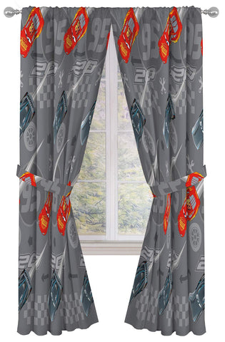Jay Franco Lightning McQueen drapes panel showing vibrant Cars graphics for kid-friendly decor.