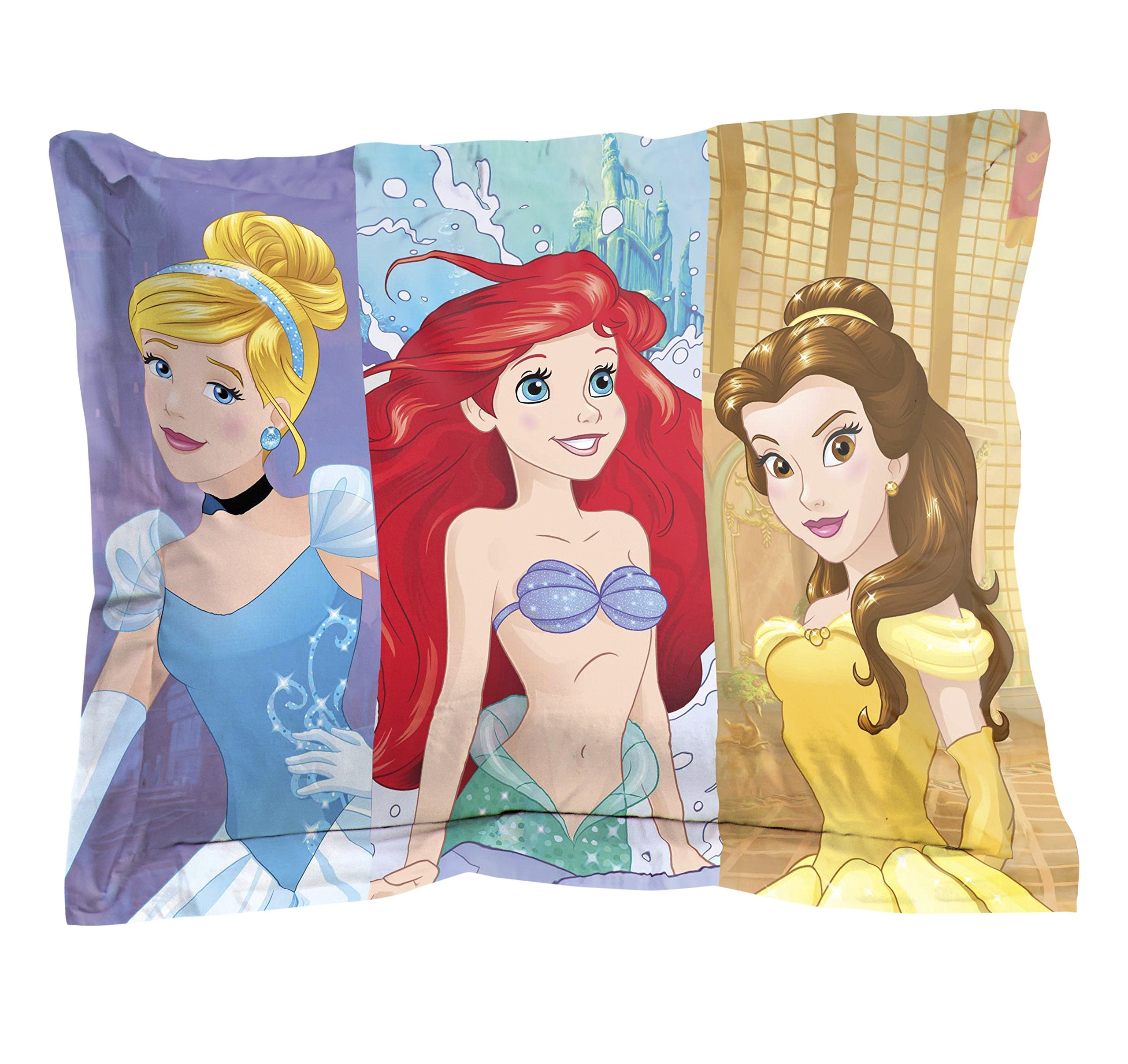 Jay Franco Disney Princess Friendship Adventures design close-up capturing Ariel, Belle, Cinderella motifs on fabric.