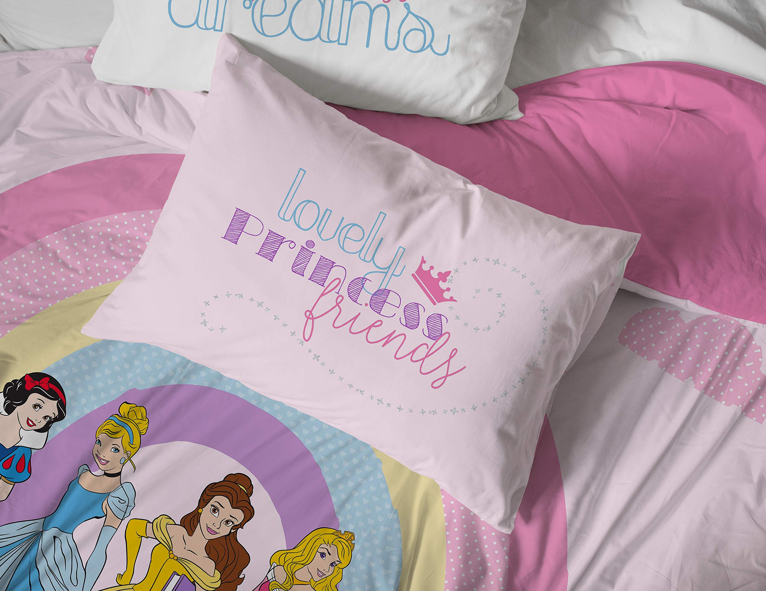 Jay Franco Disney Princess Rainbow bedding is machine washable for easy care.