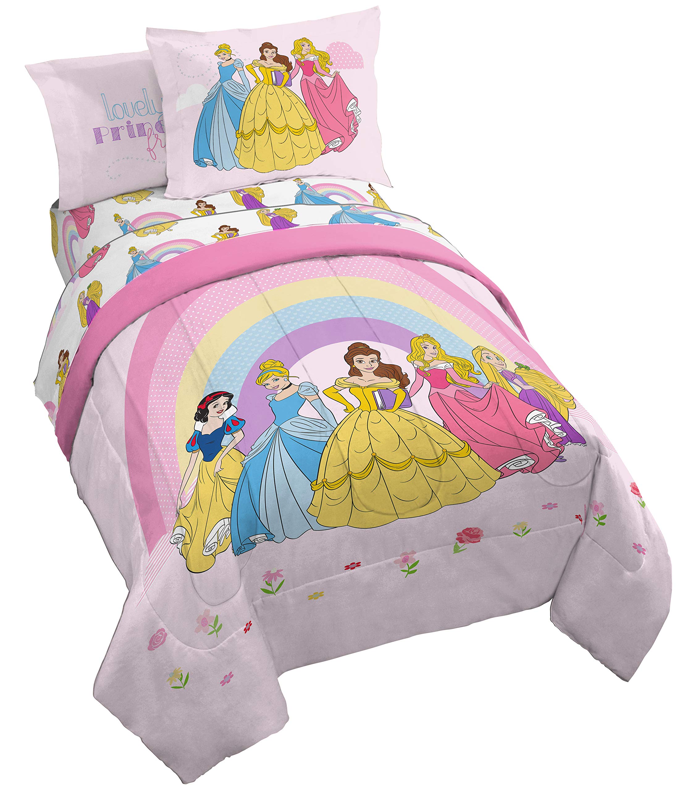 Jay Franco Disney Princess Rainbow comforter with Aurora, Belle, Cinderella for a cozy night.