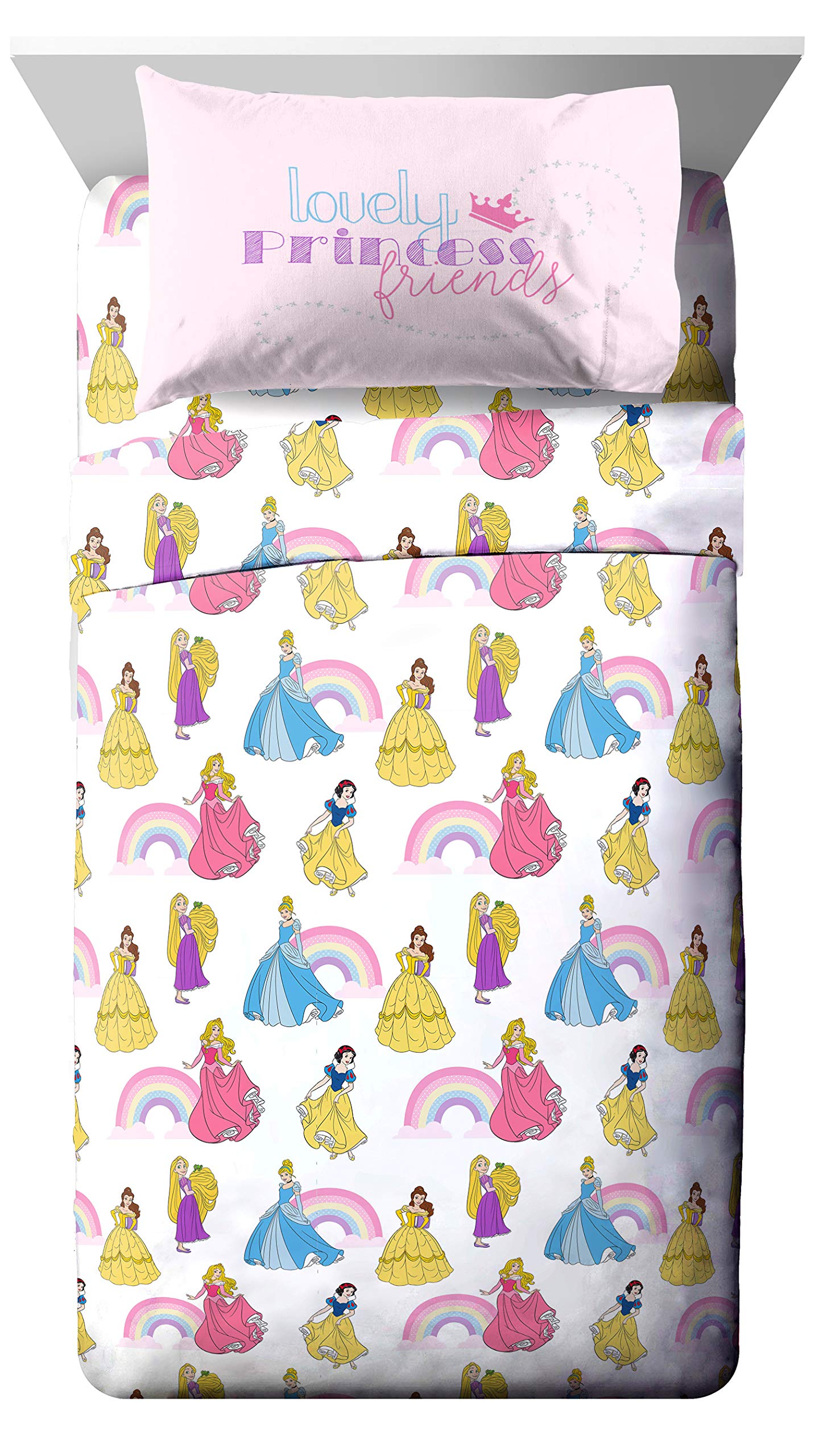Jay Franco Disney Princess Rainbow pillow shams matching the comforter for coordinated styling.