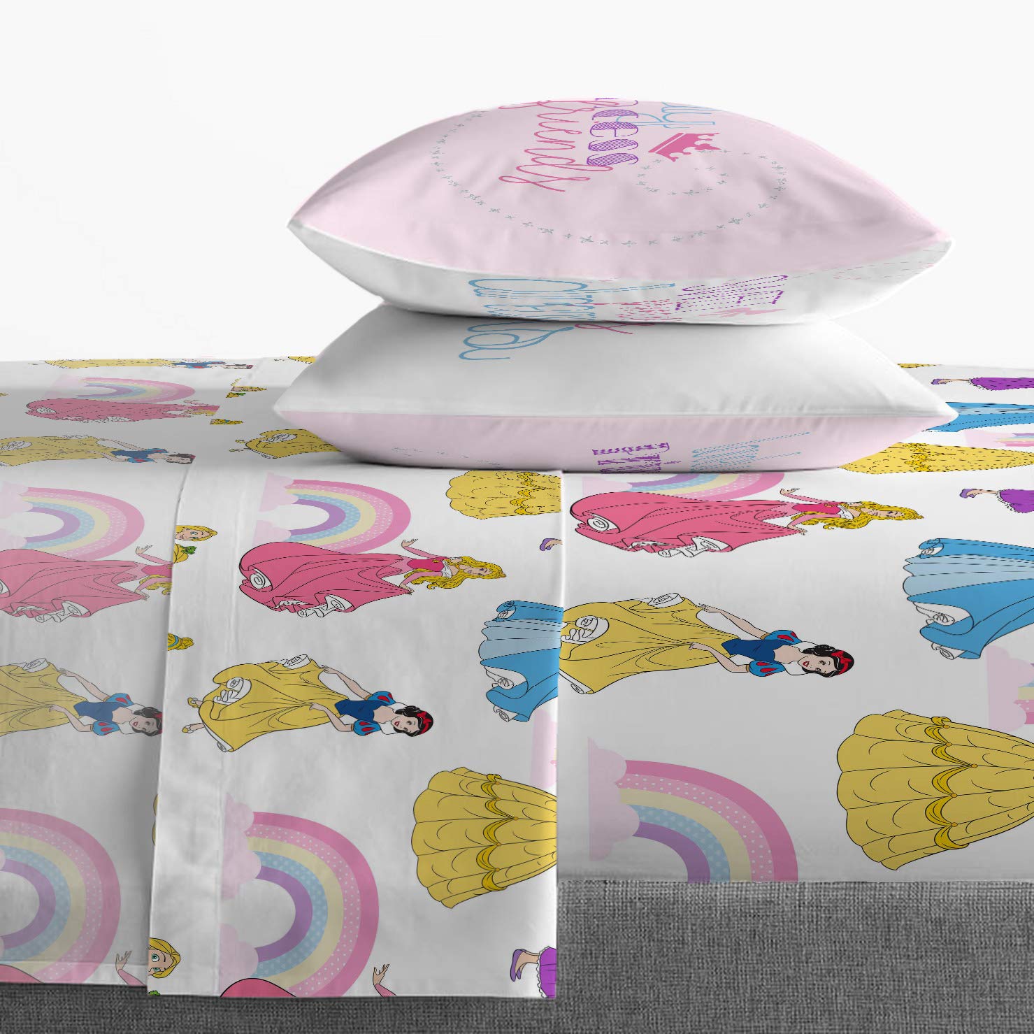 Jay Franco Disney Princess Rainbow full set showcasing fade-resistant microfiber for lasting color.