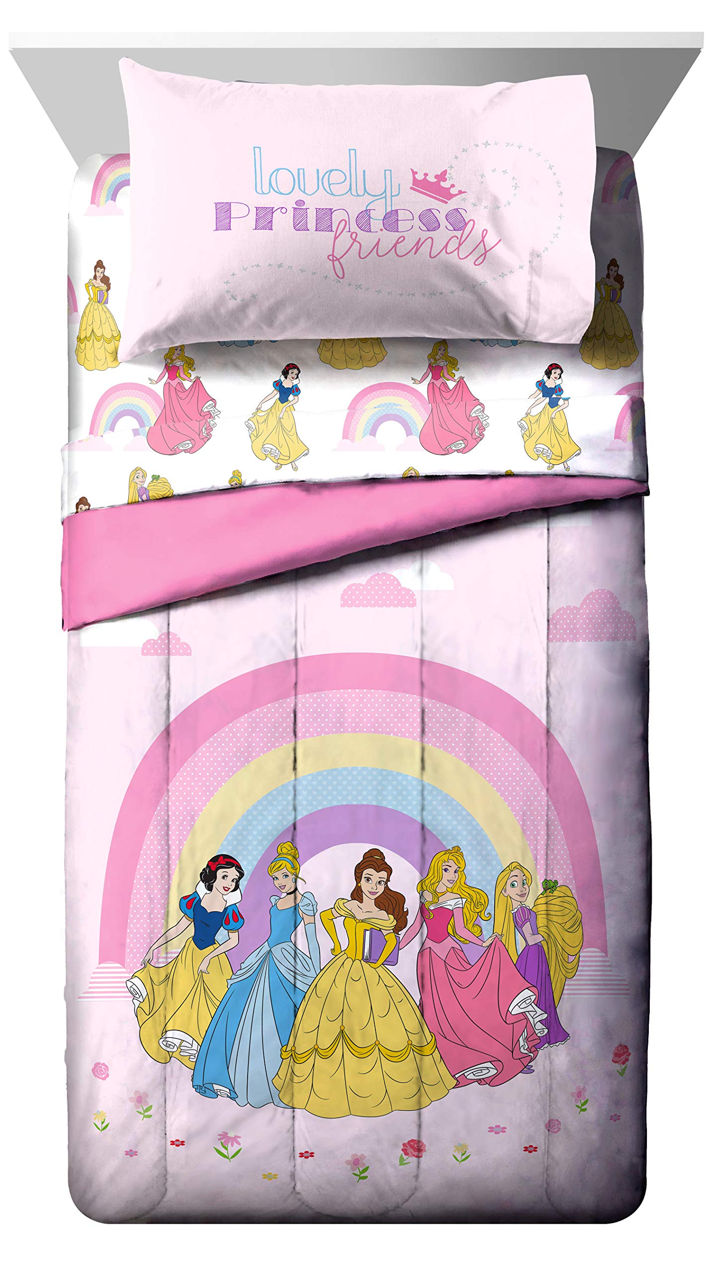 Jay Franco Disney Princess Rainbow sheet set with vibrant colors for easy care bedding.