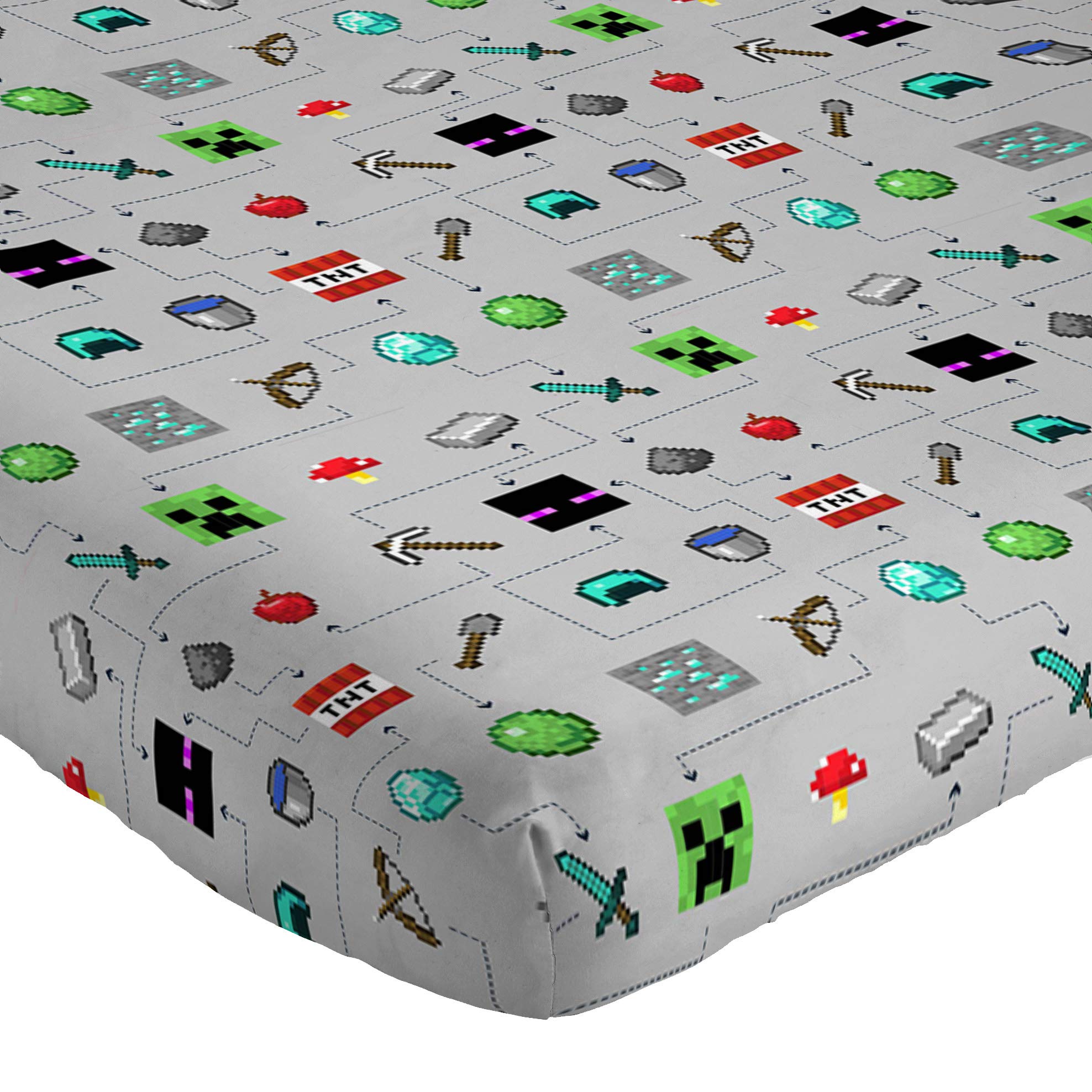 Jay Franco gray Minecraft bedding enhances kid room decor.
