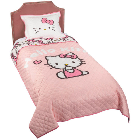 Jay Franco Hello Kitty pink stripes quilt with hearts for cozy twin bedding