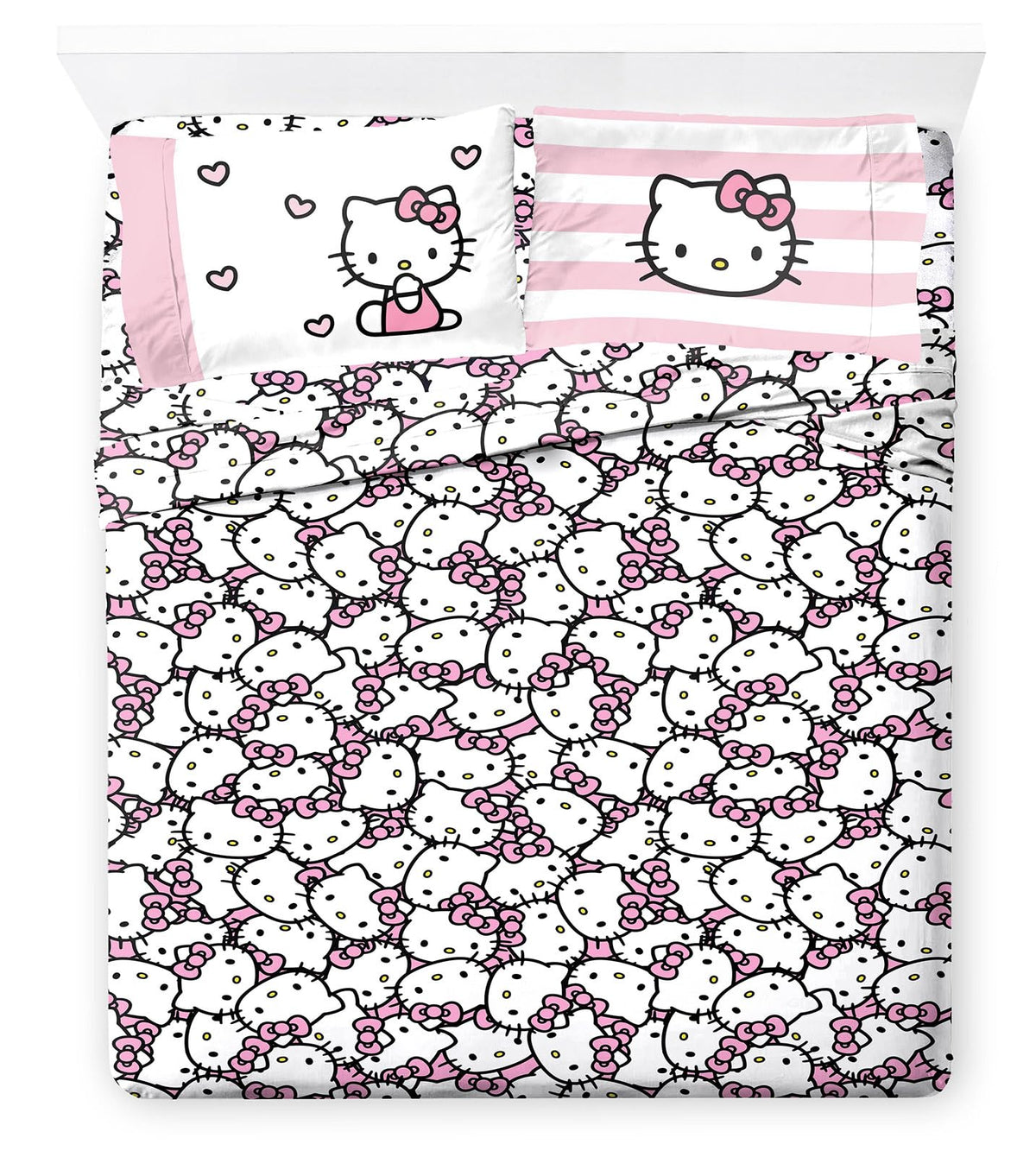 Jay Franco Hello Kitty fitted sheet shows vibrant print and secure mattress fit.