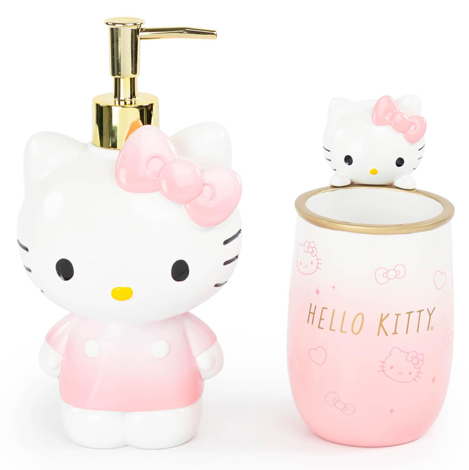 Jay Franco Hello Kitty soap dispenser close-up with bow detail for stylish bathroom decor.