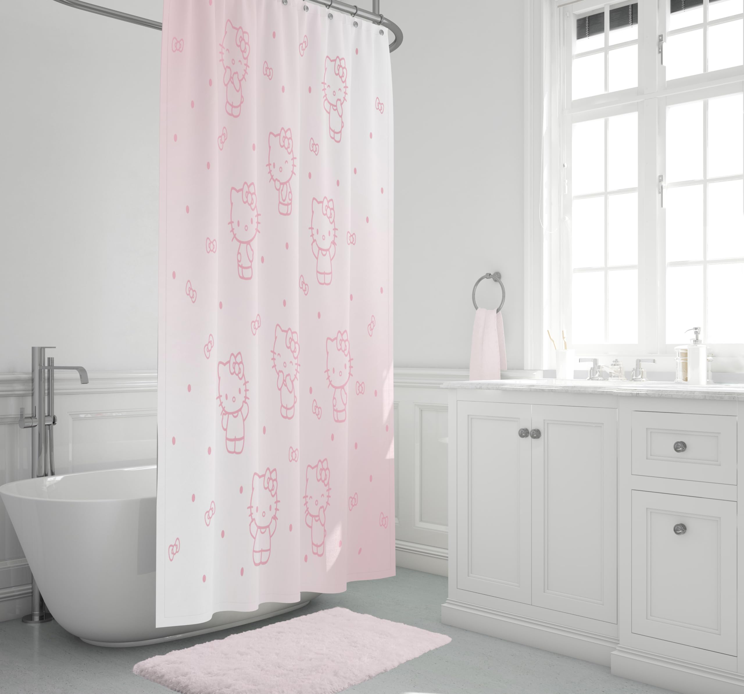 Jay Franco Hello Kitty Stars curtain setup quick-fit image demonstrates simple installation.