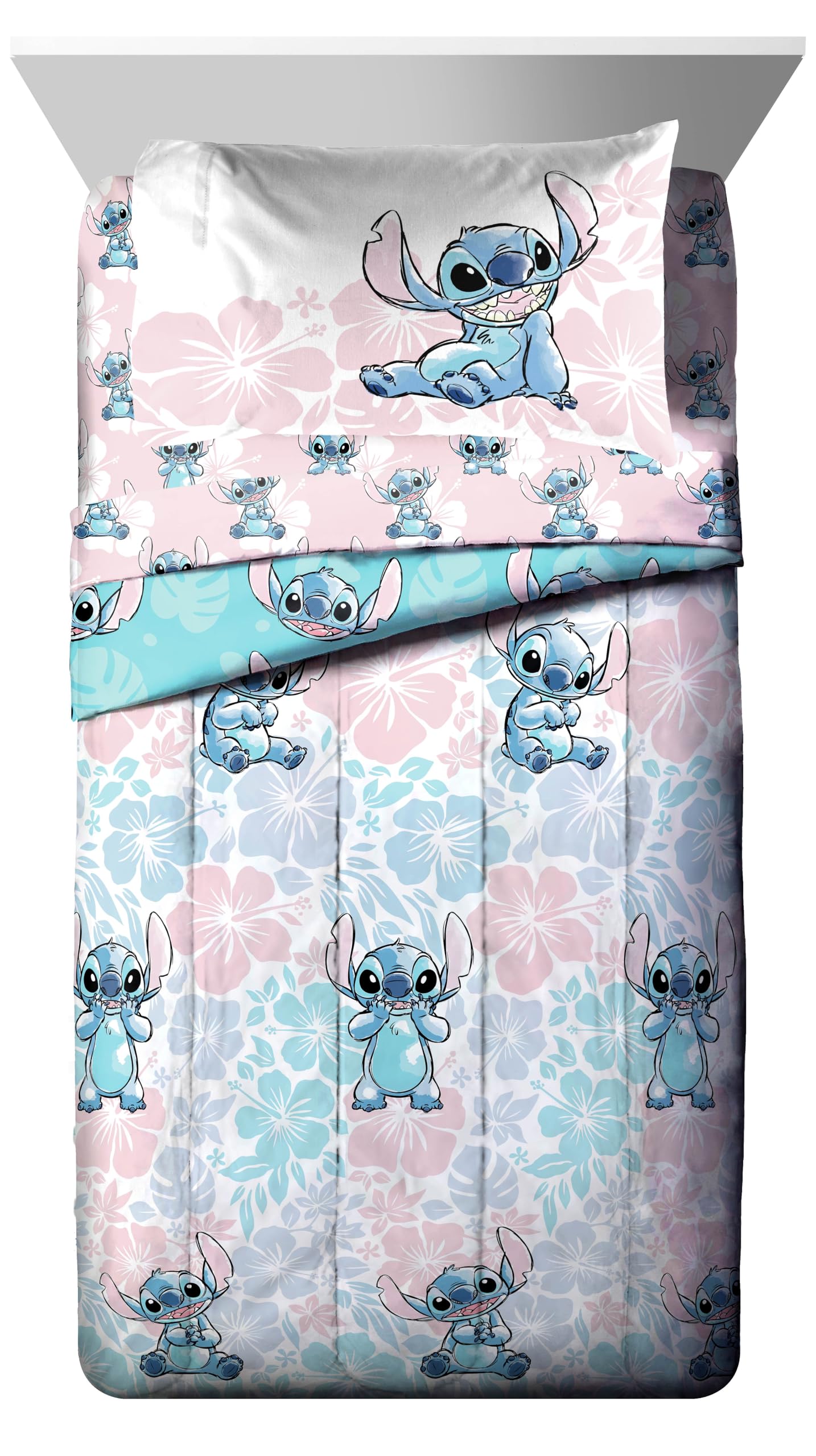 Jay Franco Lilo & Stitch flat sheet close view; smooth layering and cozy feel
