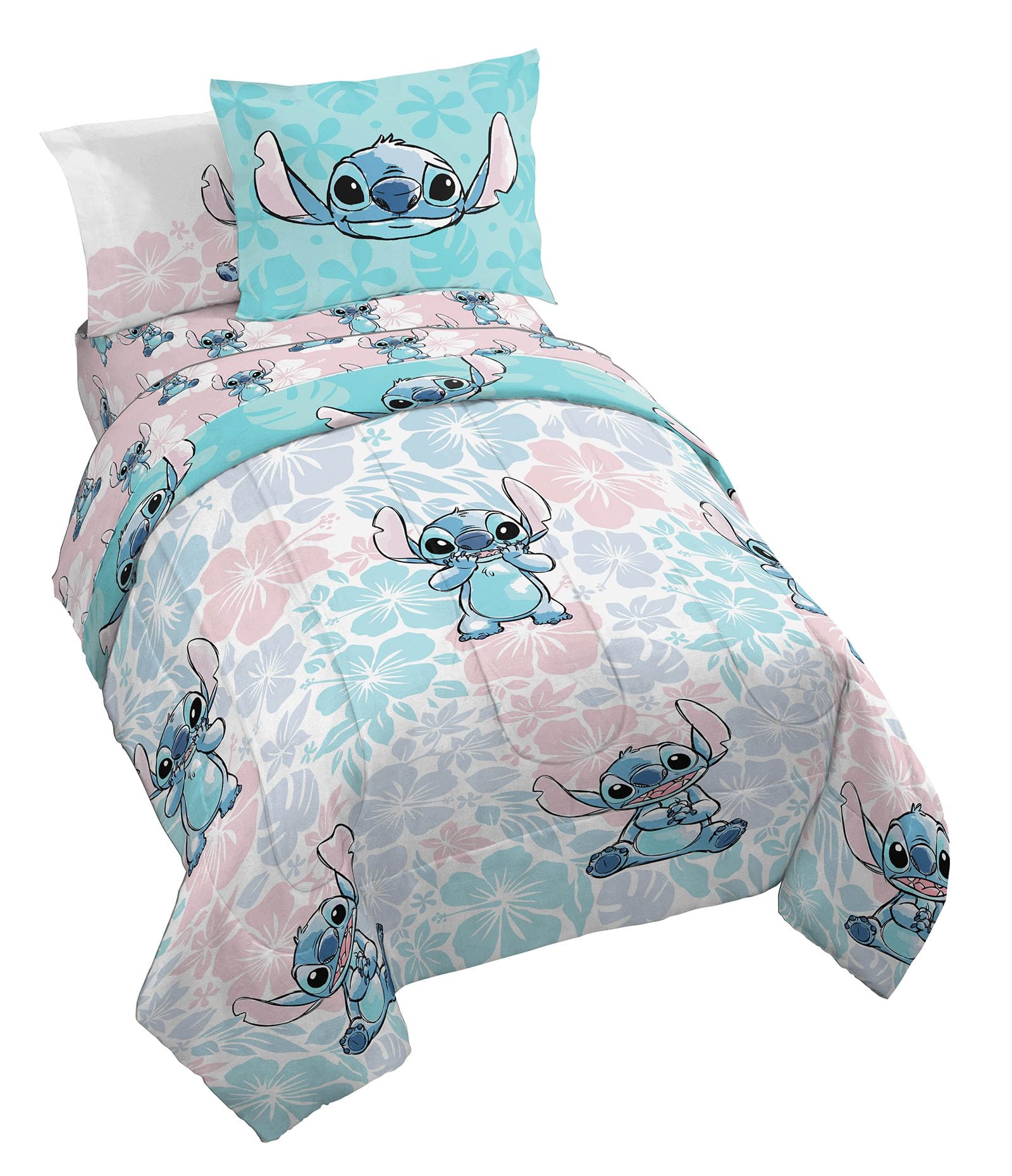 Jay Franco Lilo & Stitch full comforter set pattern close-up; vibrant floral design for kids room