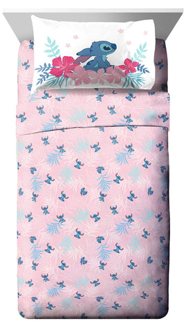 Jay Franco Lilo & Stitch Paradise Dream flat sheet on display, smooth surface for comfy beds.