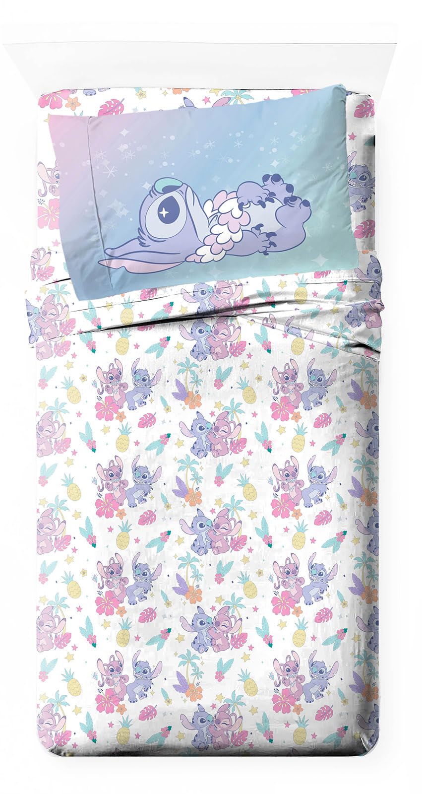 Jay Franco Lilo & Stitch twin fitted sheet; ultra-soft microfiber for year-round comfort.