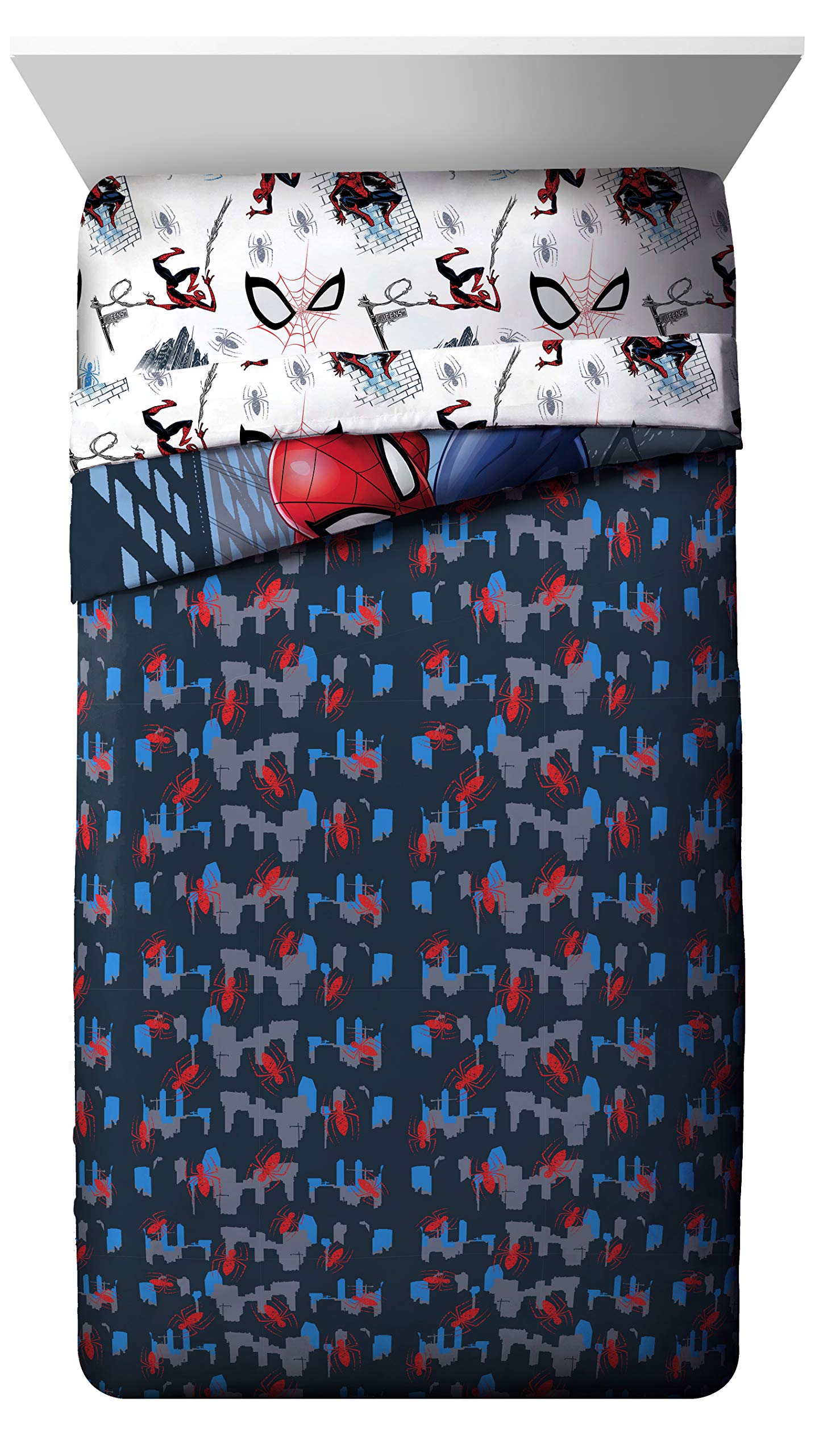 Jay Franco Marvel Spiderman full bed sheet set laid flat for easy styling