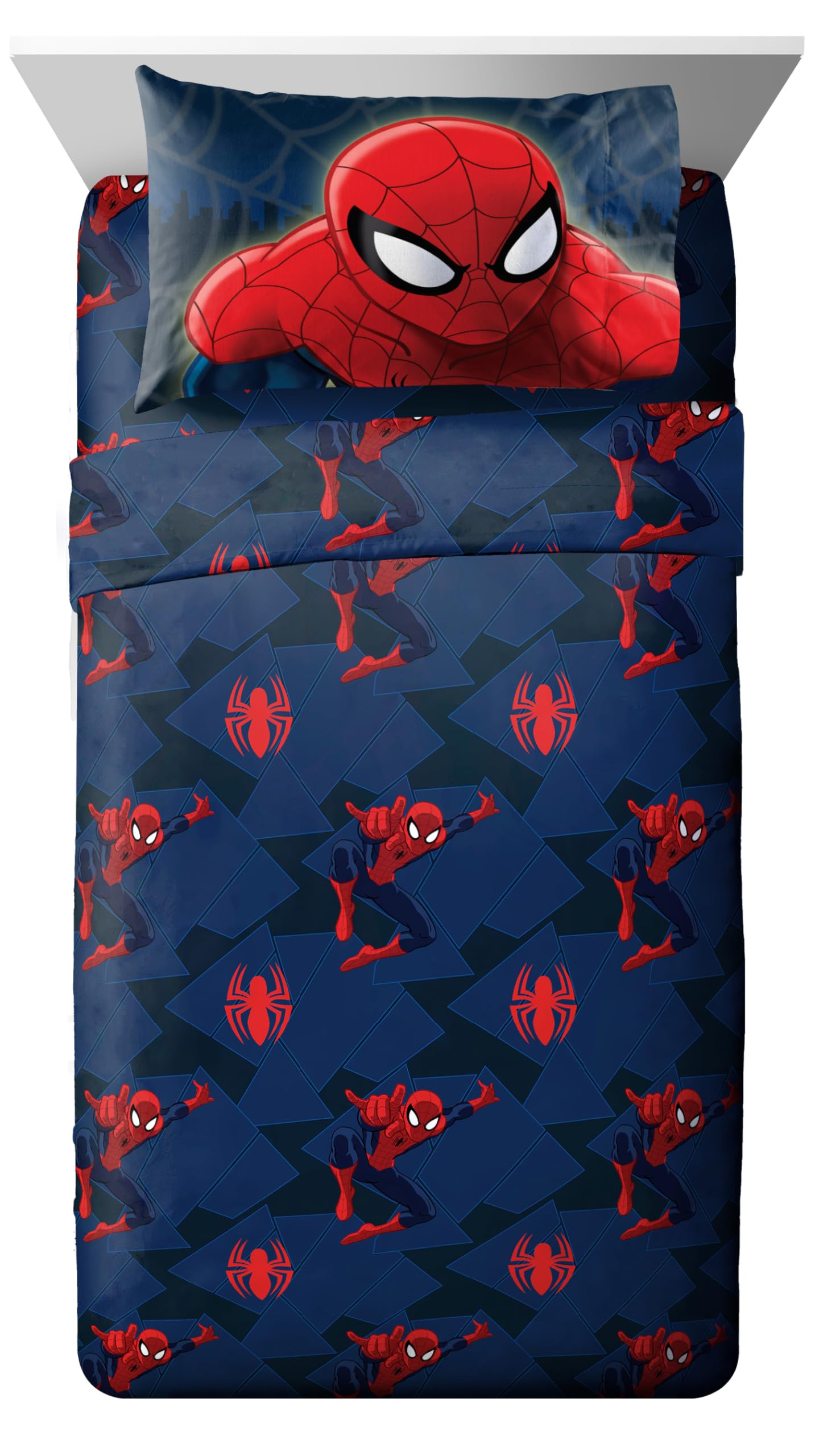 Jay Franco Marvel Spiderman Saving the Day full sheet set with bold hero artwork for kids.