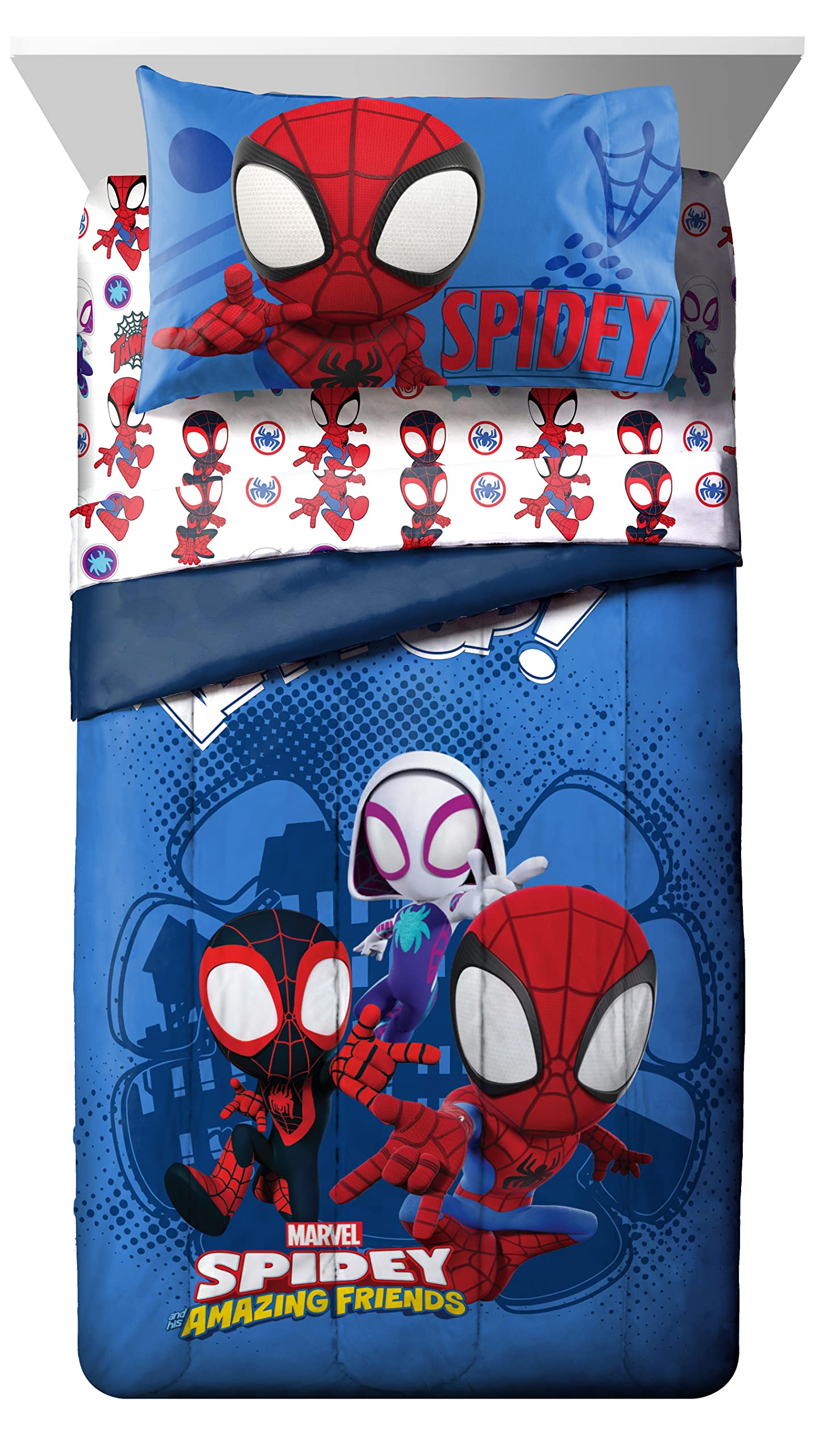 Jay Franco Marvel Spidey fitted sheet keeps toddler mattress comfy.