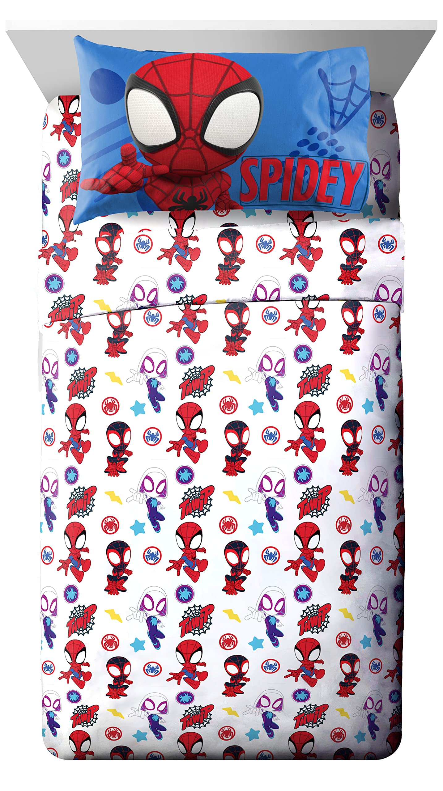 Jay Franco Marvel Spidey flat sheet adds breathable comfort for sleep.