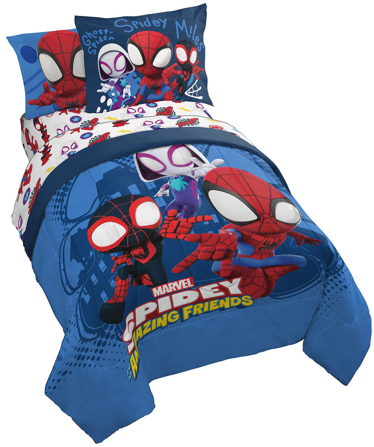 Jay Franco Marvel Spidey Team comforter on a kid's bed with bold colors.