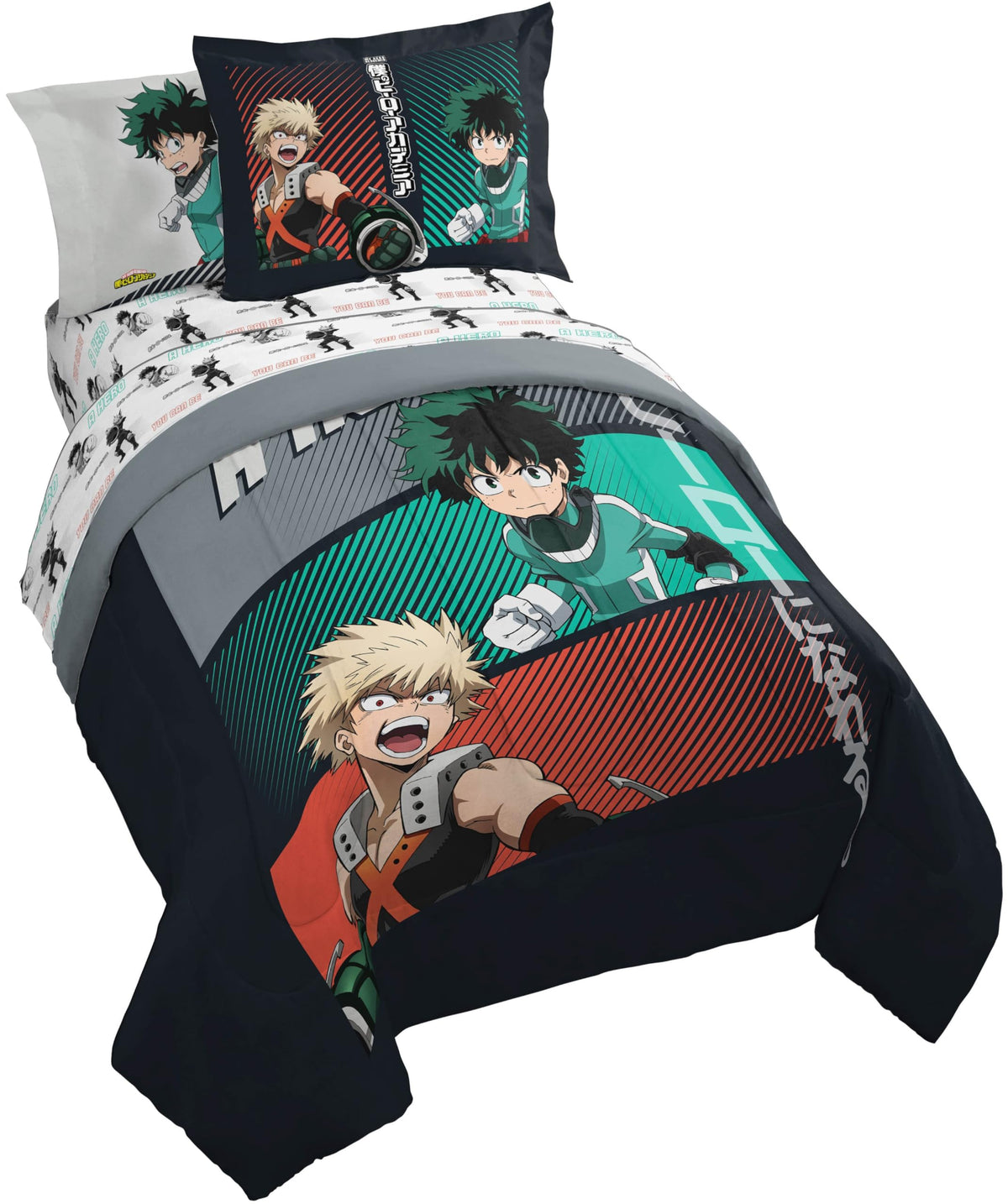 Jay Franco My Hero Academia comforter on twin bed with soft, breathable microfiber
