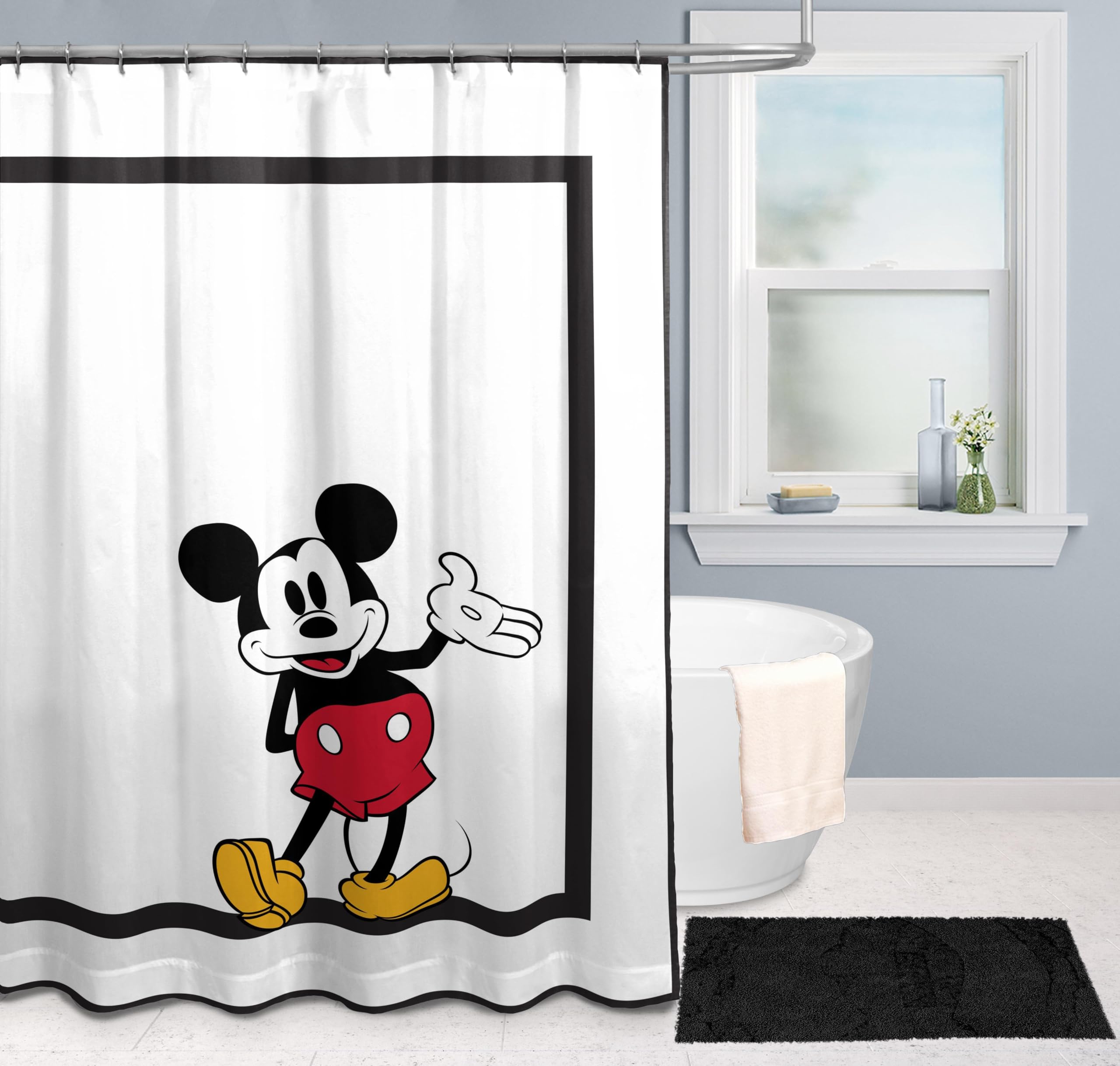 Jay Franco Mickey Mouse fabric shower curtain shown with coordinating bedding options.