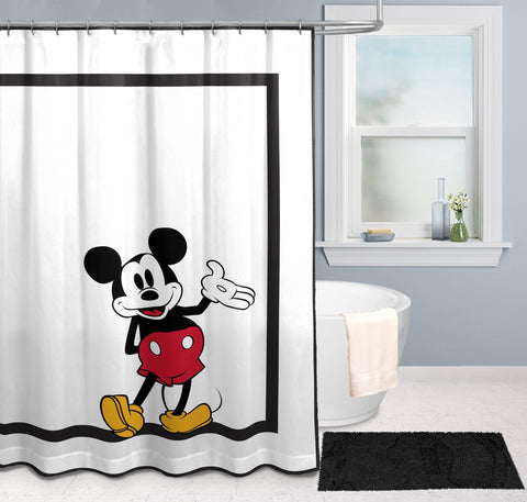 Jay Franco Mickey Mouse fabric shower curtain shown with coordinating bedding options.
