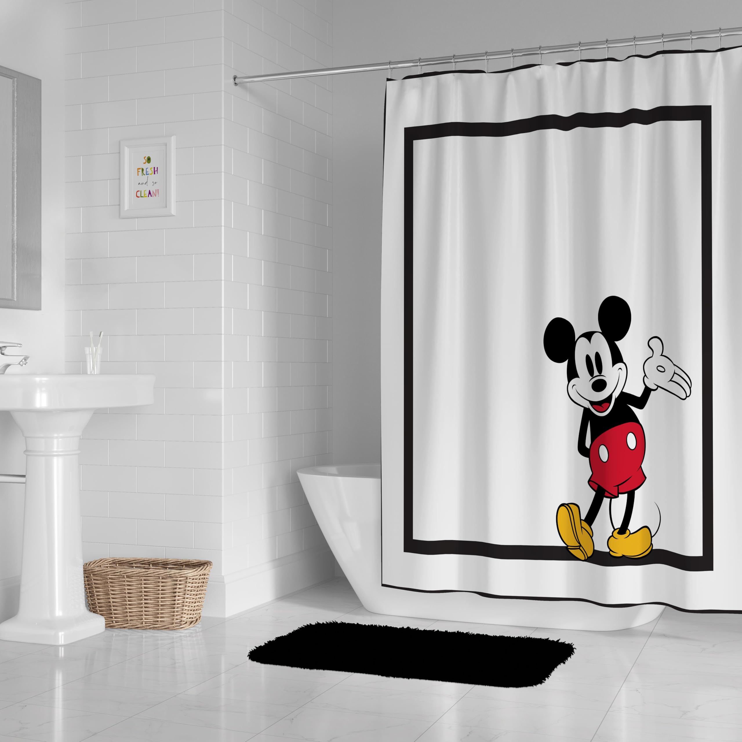 Jay Franco Mickey Mouse fabric shower curtain close-up texture shows soft microfiber quality.