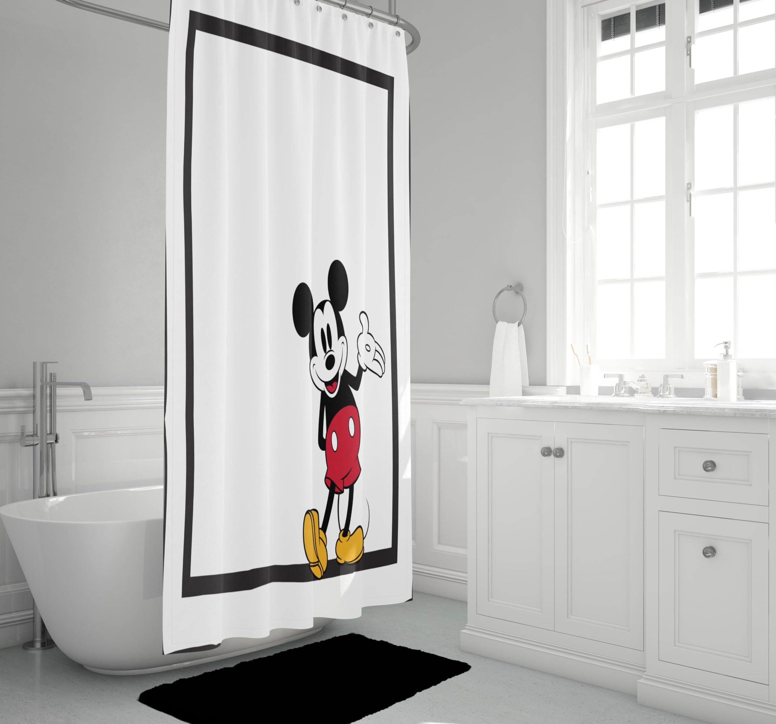 Jay Franco Mickey Mouse fabric shower curtain showing reinforced stitching for durability.