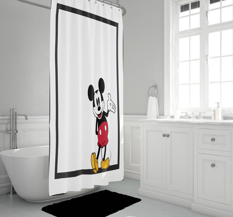 Jay Franco Mickey Mouse fabric shower curtain showing reinforced stitching for durability.