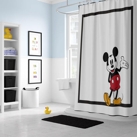 Jay Franco Mickey Mouse fabric shower curtain brightens a kids bathroom for an easy decor upgrade.