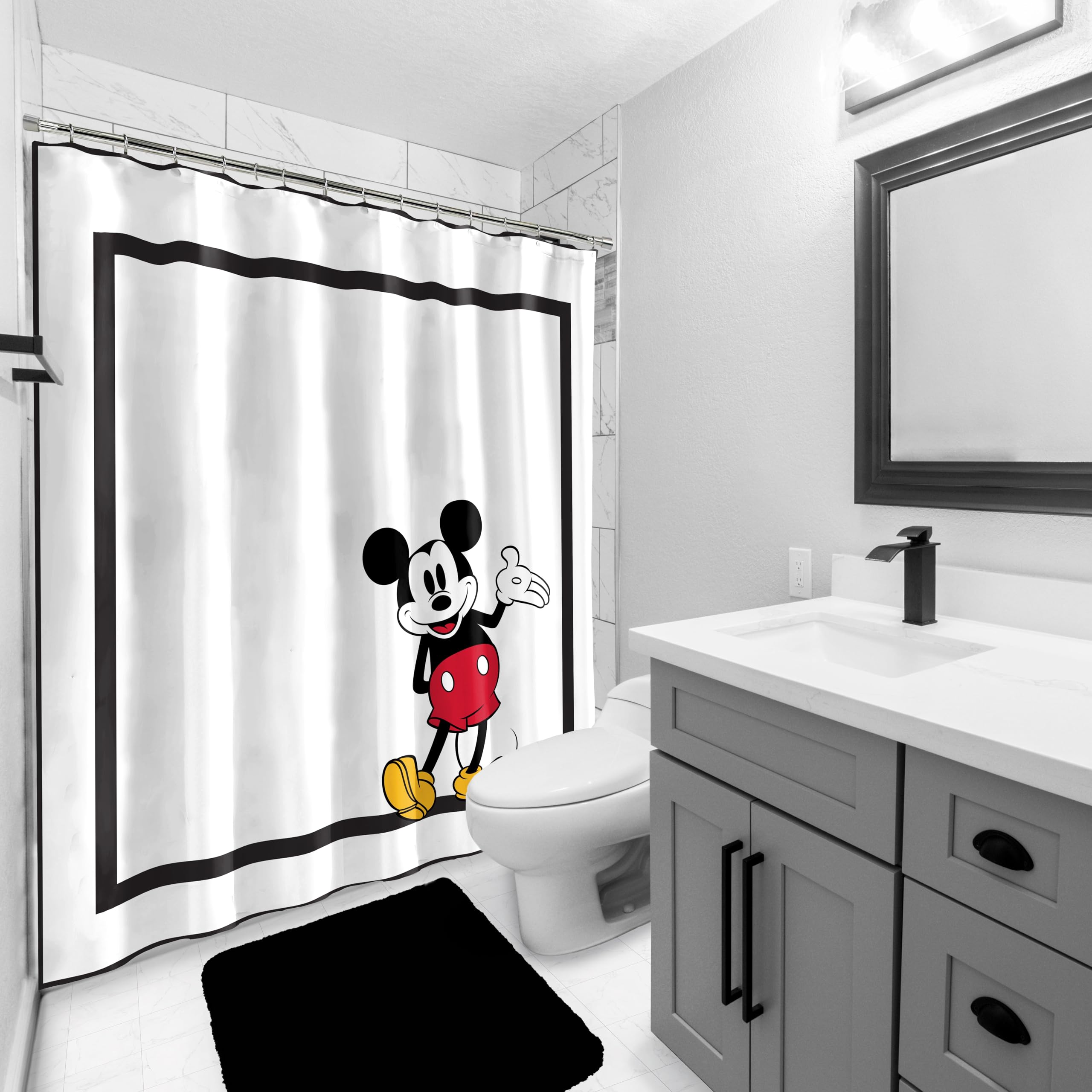 Jay Franco Mickey Mouse fabric shower curtain packaging and care details for long-lasting use.
