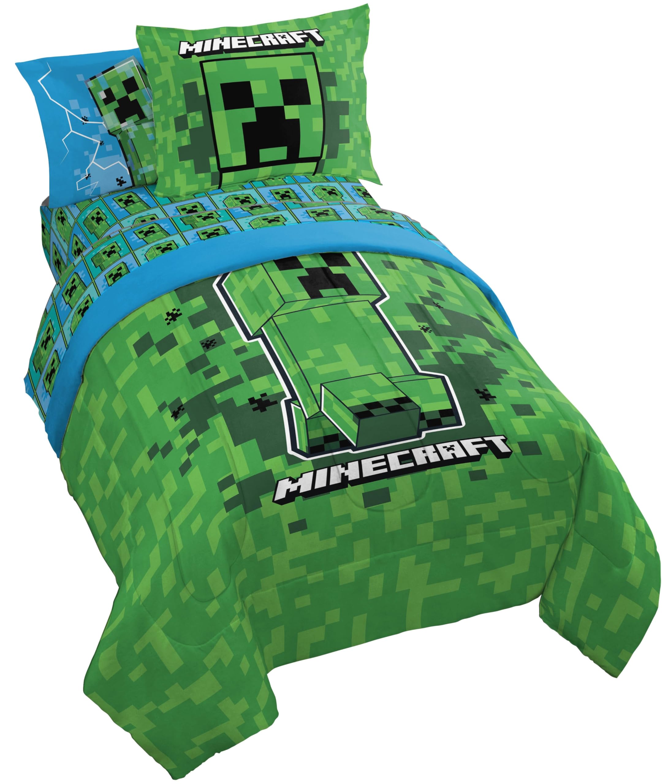Jay Franco Minecraft Creeper comforter shows vibrant green design for cozy nights