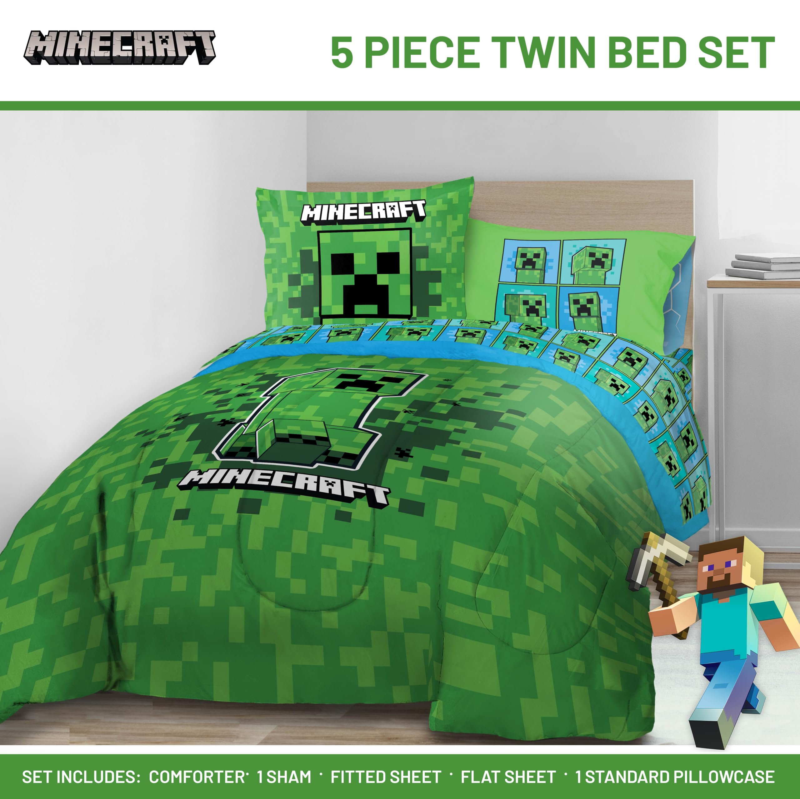 Jay Franco Minecraft Creeper fitted sheet features deep pockets for snug fit
