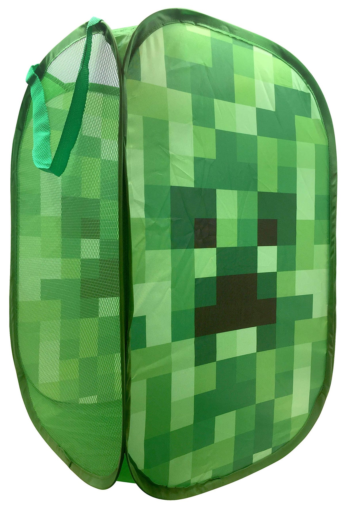 Jay Franco Minecraft Creeper Pop Up Hamper front view, a playful storage solution for kids' rooms