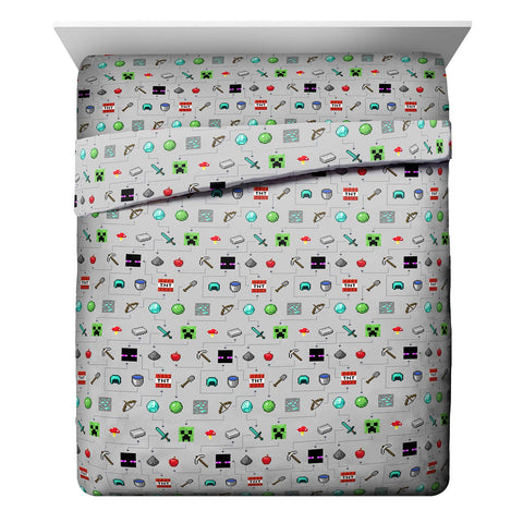 Jay Franco Minecraft Creeper sheet set close-up showing vibrant colors for kids' room decor.