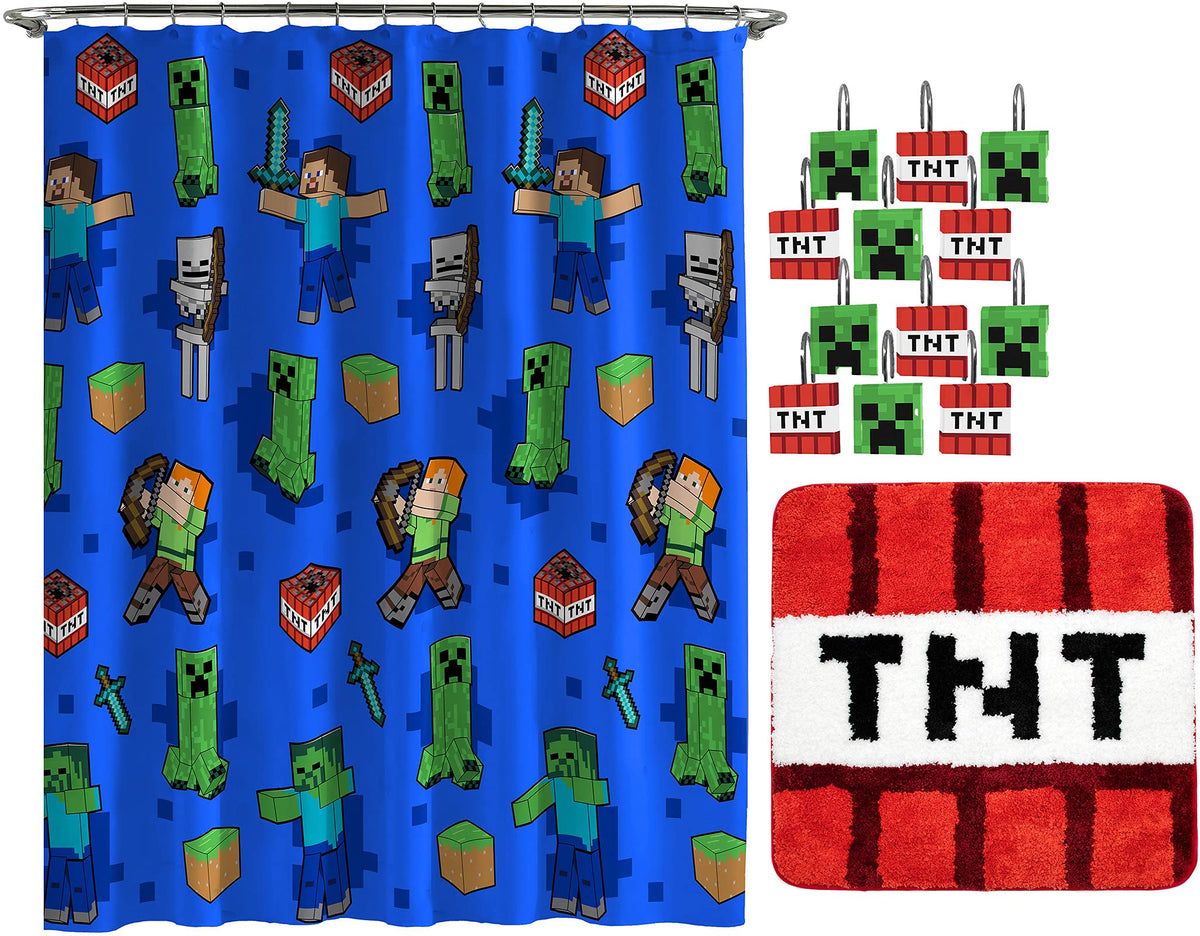 Jay Franco Minecraft Creeper TNT shower curtain highlights vibrant graphics for immersive bath time