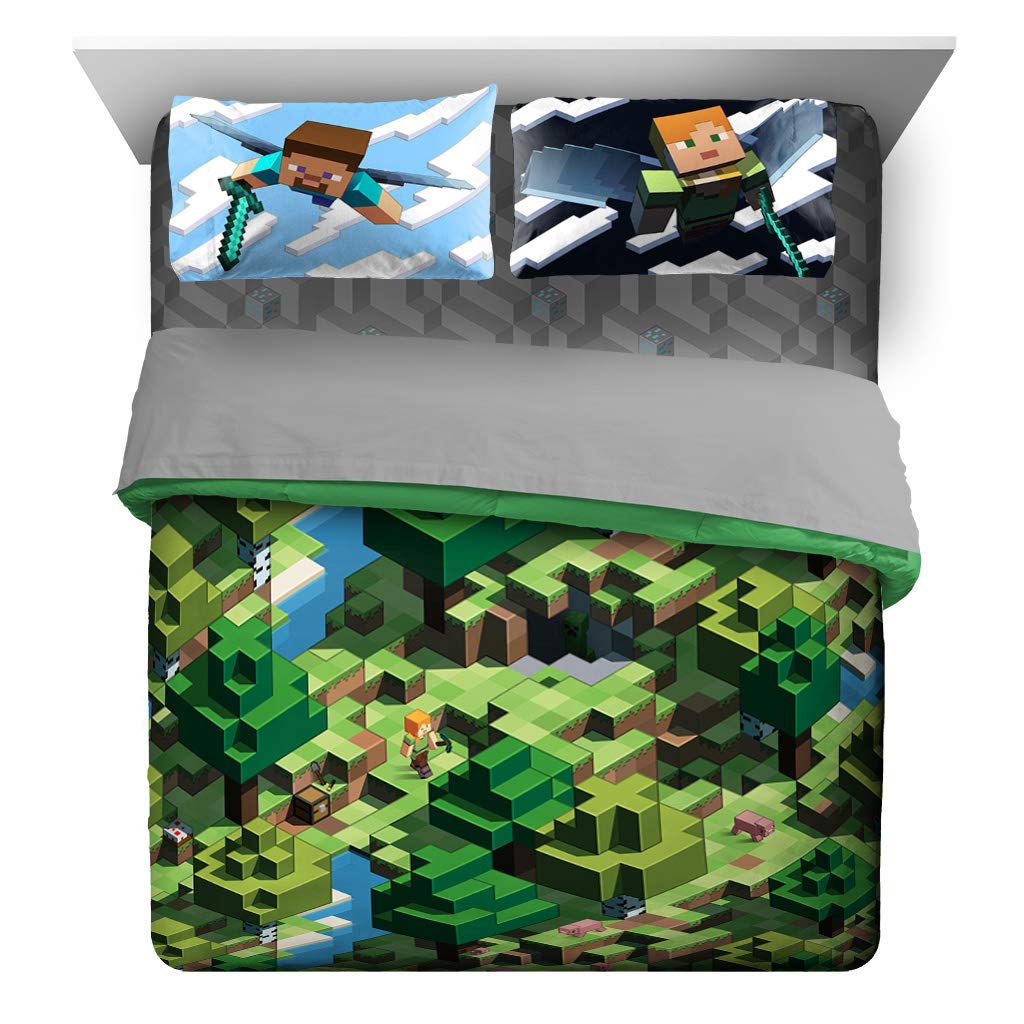 Jay Franco Minecraft Daytime comforter on queen bed, soft and cozy with bold characters