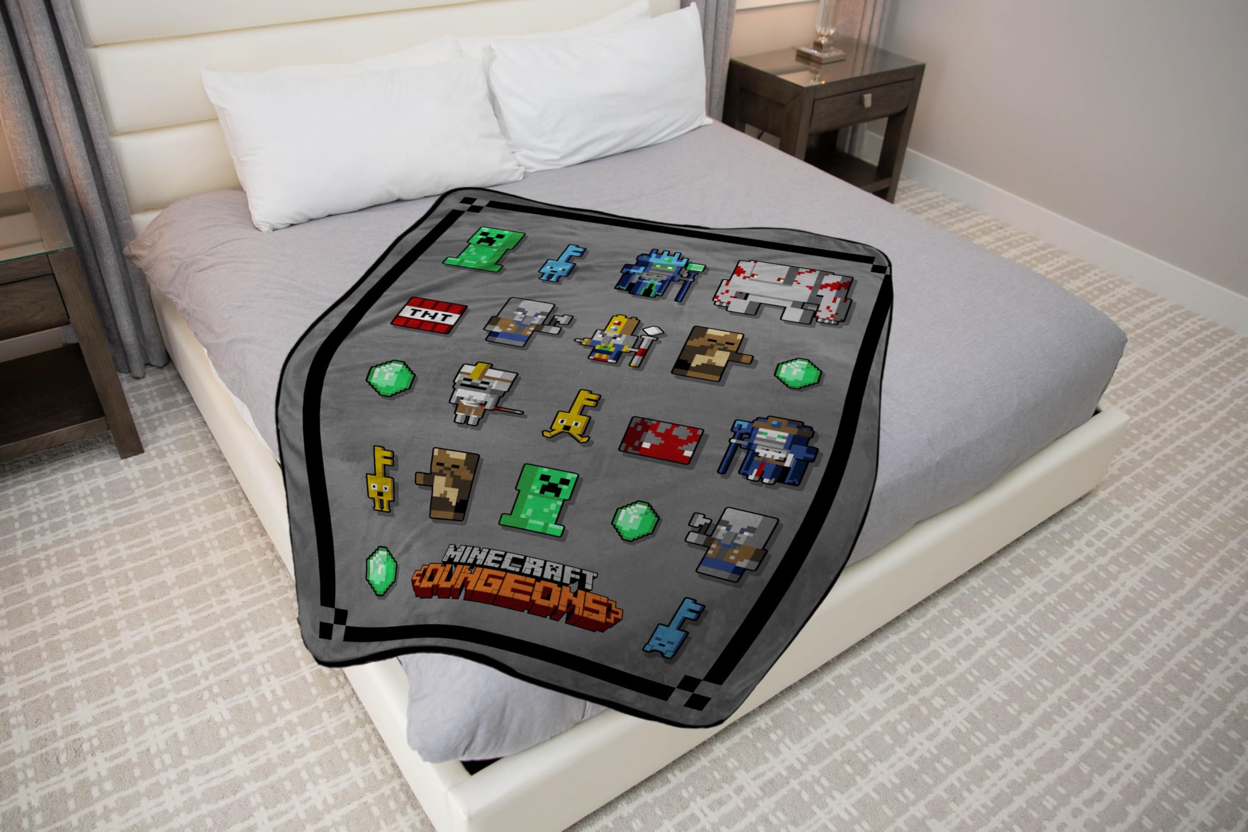 Jay Franco Minecraft Dungeons throw blanket showing Nameless One for travel ready warmth.