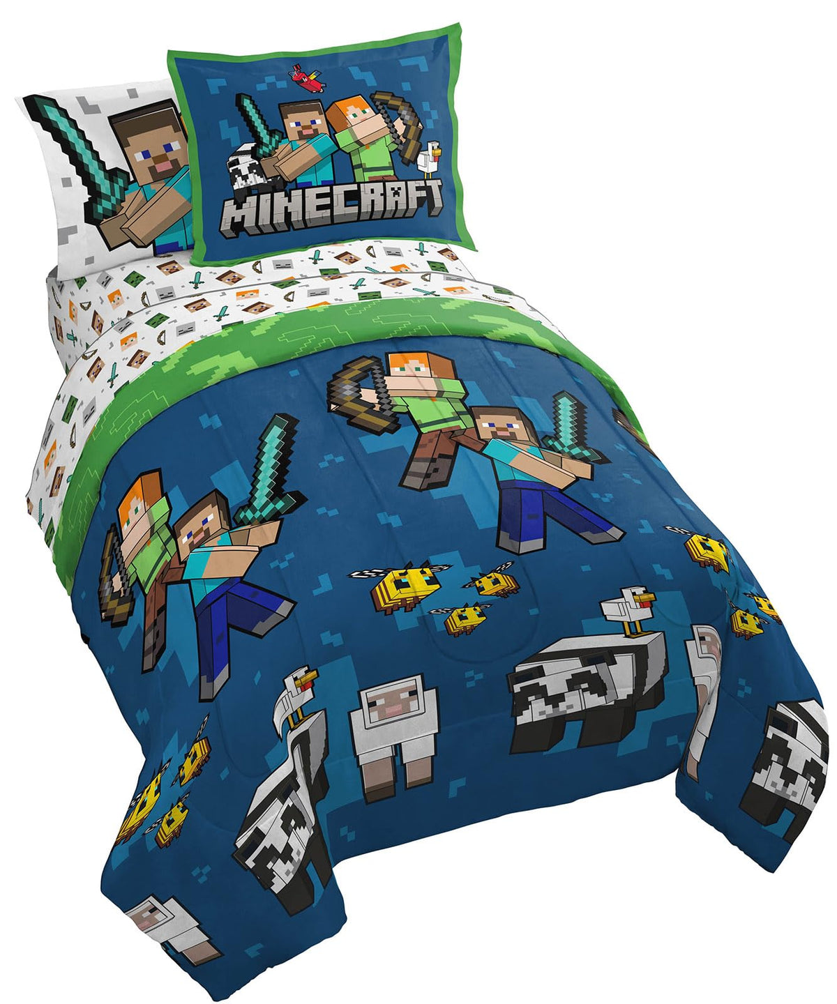 Jay Franco Minecraft full comforter set closeup featuring Creeper and Zombie design for kids imagination at bedtime
