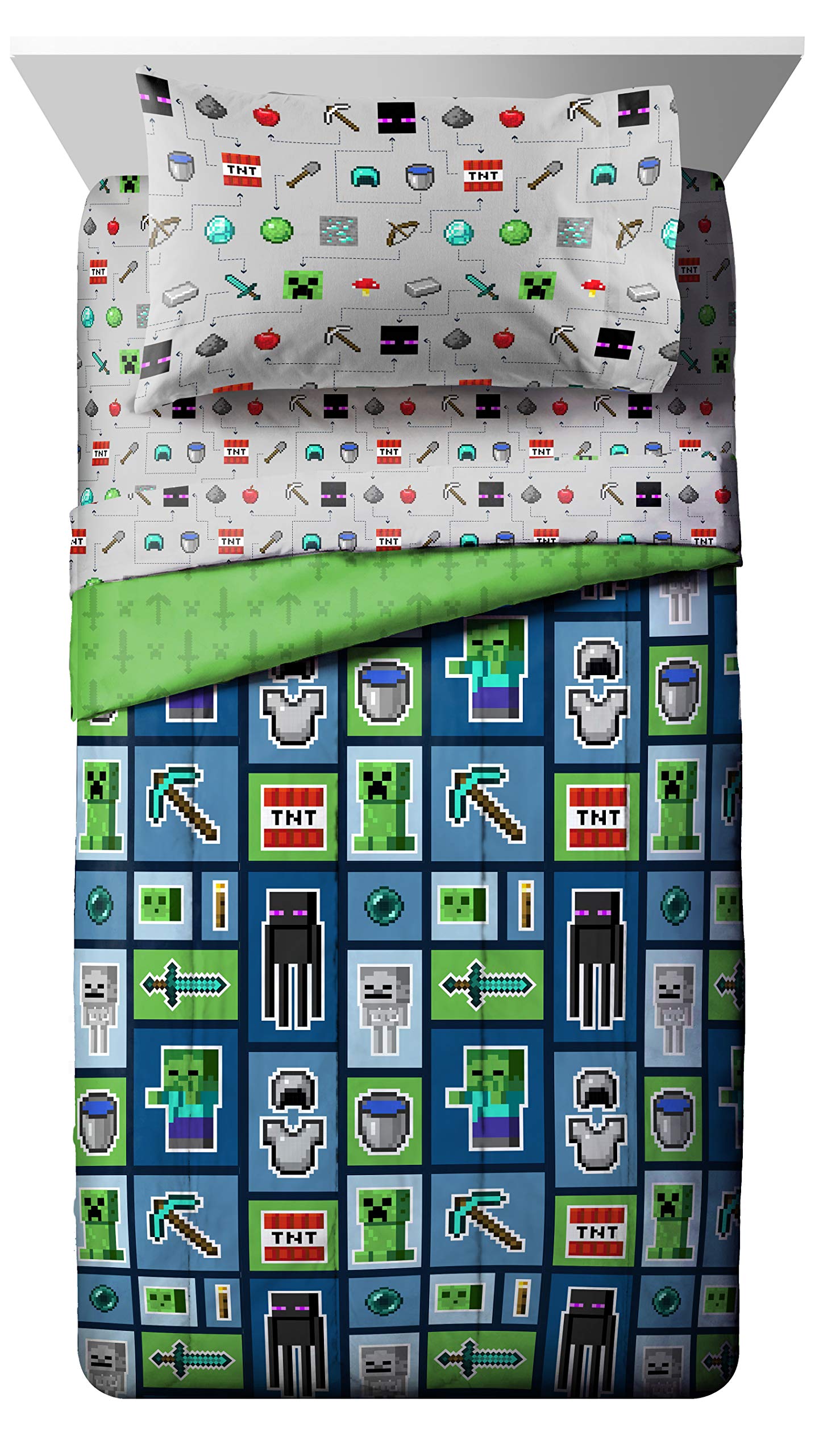 Minecraft Monster Hunters bed set in a kid's room featuring Creeper and Enderman design