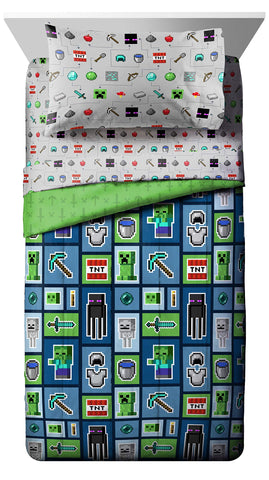 Minecraft Monster Hunters bed set in a kid's room featuring Creeper and Enderman design