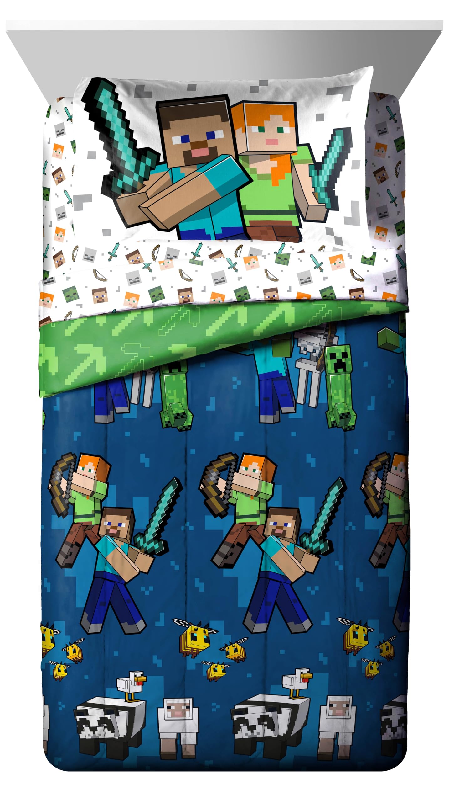 Jay Franco Minecraft sheets and pillowcases assembled for quick easy bed setup